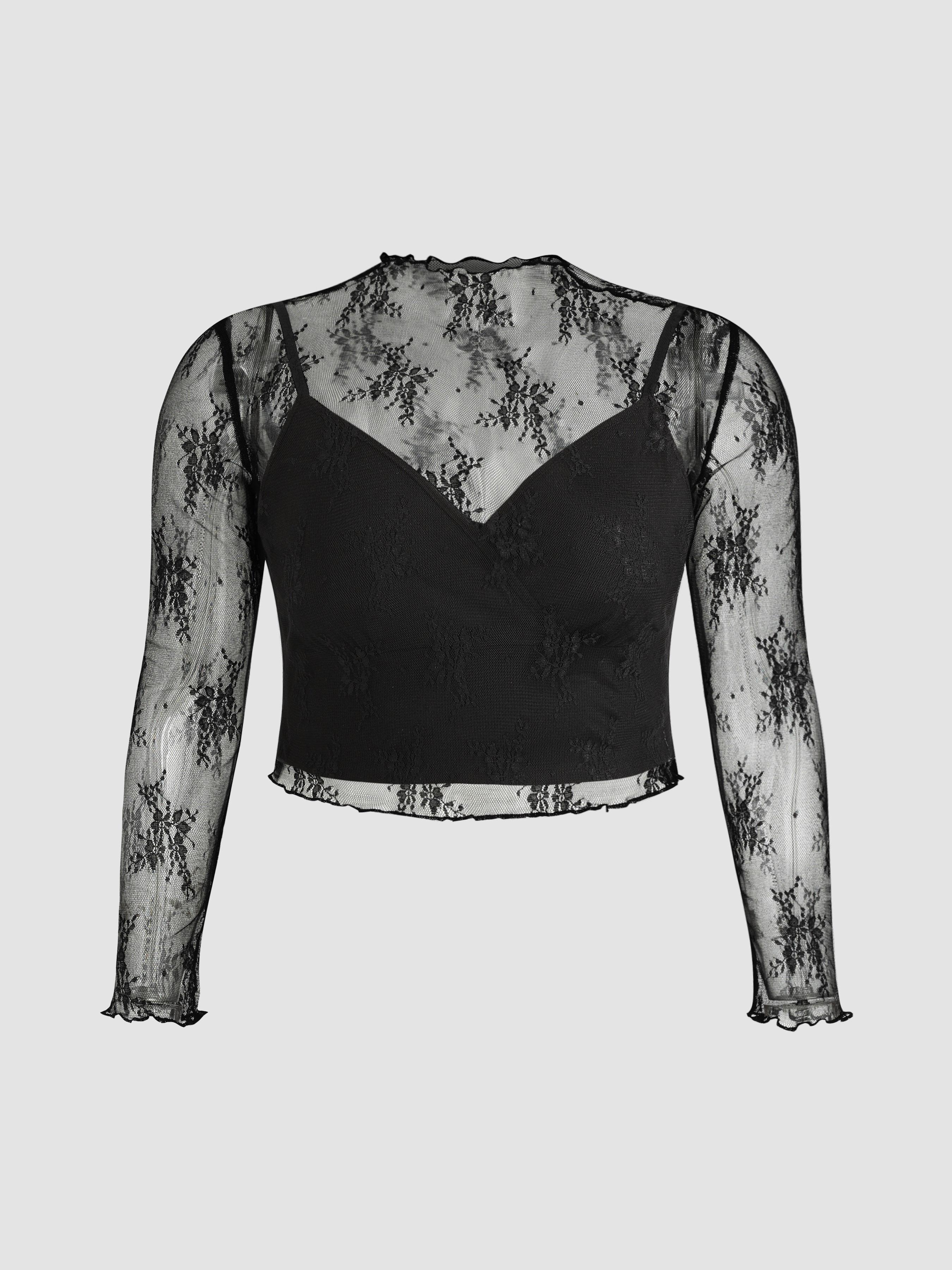High Neck Lace Floral Blouse & Solid Crop Cami Top Set Curve & Plus by CIDER
