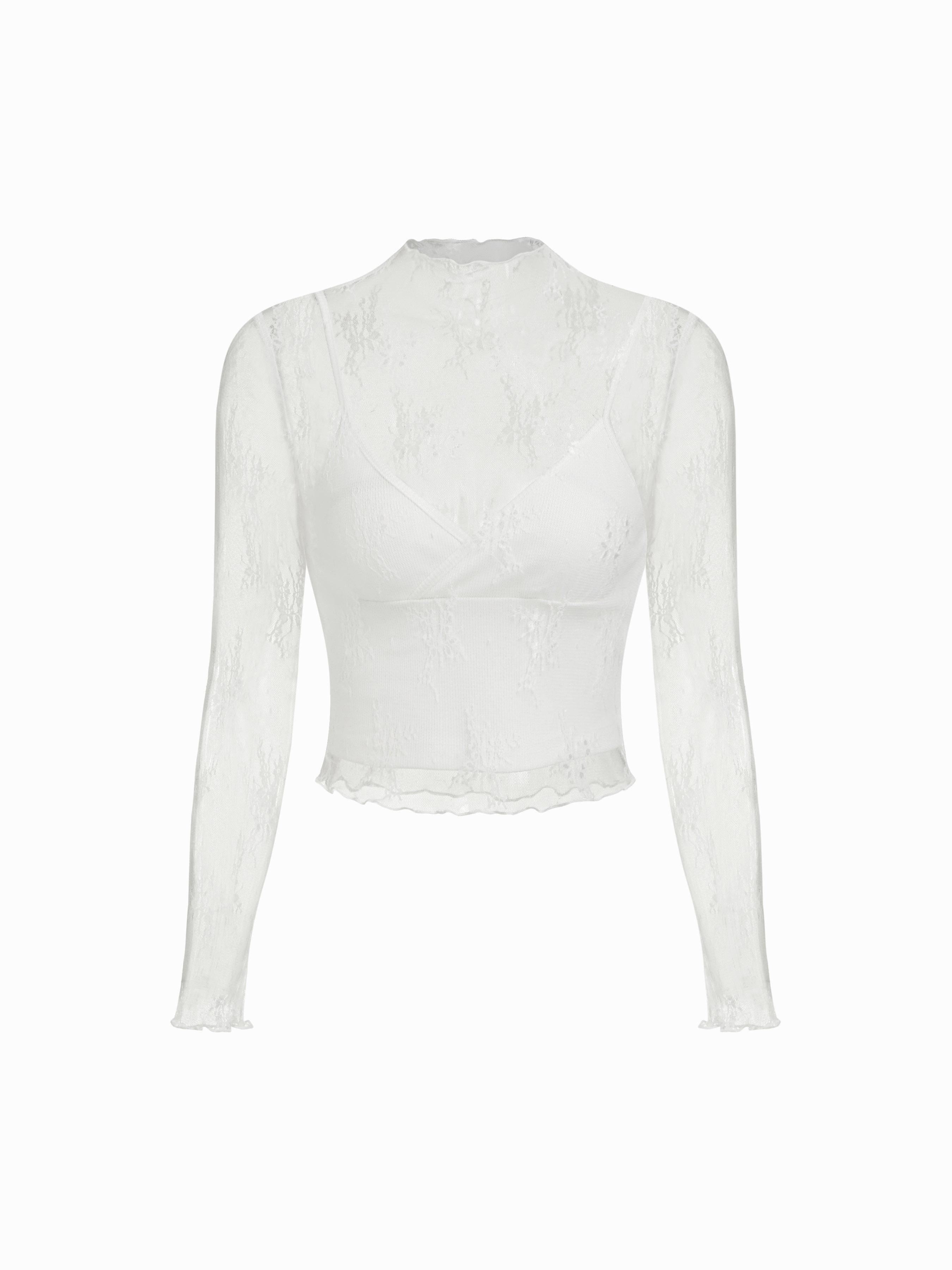 High Neck Lace Floral Blouse & Solid Crop Cami Top Set by CIDER
