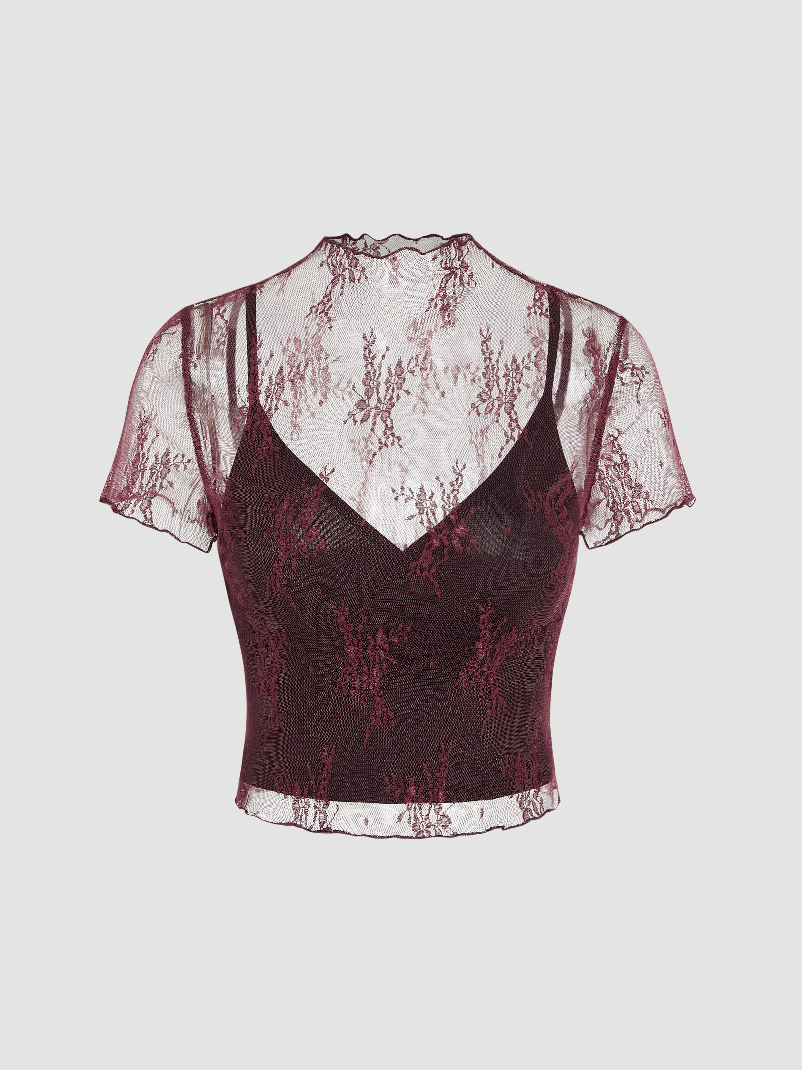 High Neck Lace Floral Top & Solid Crop Cami Top Set by CIDER