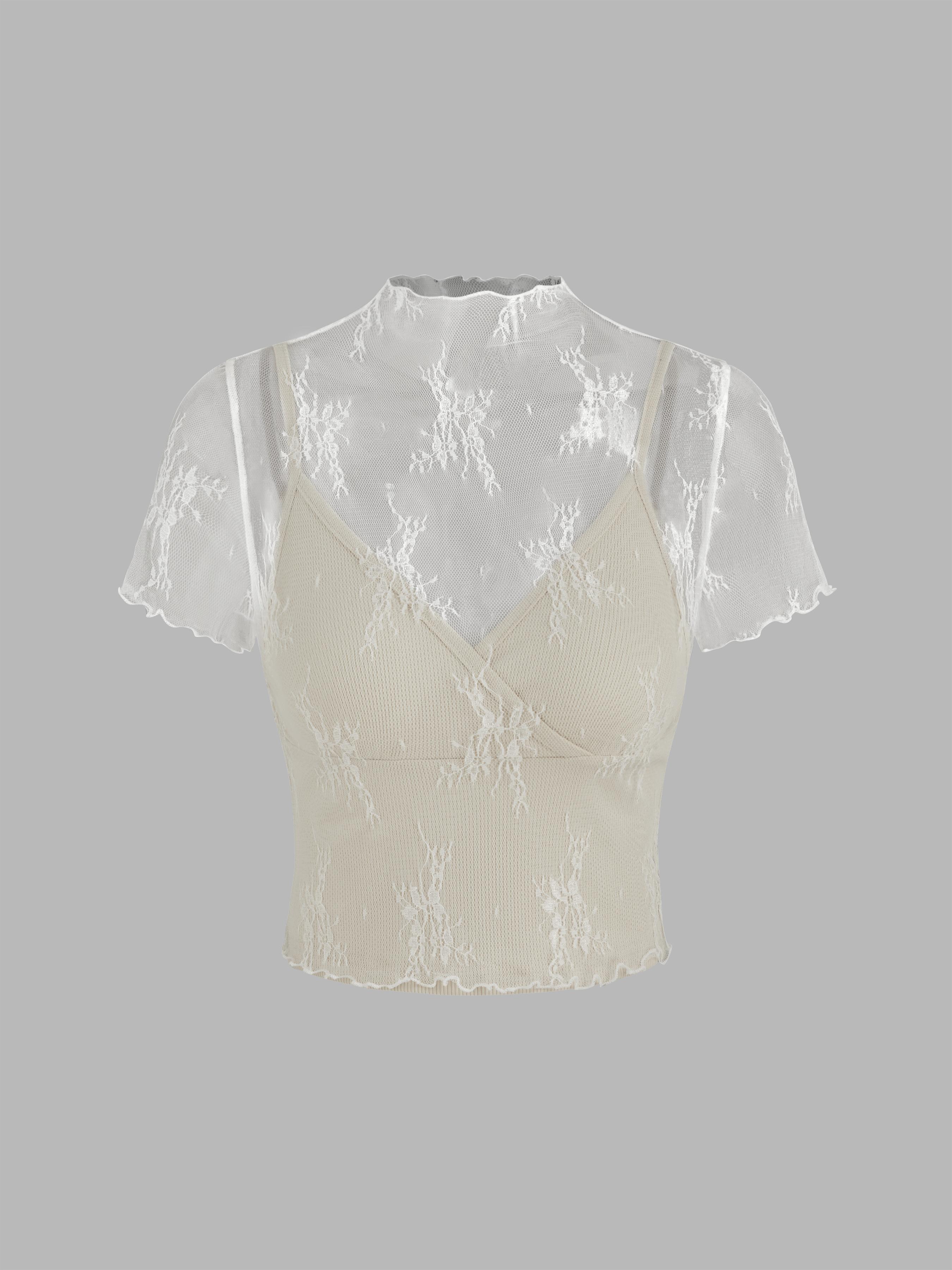 High Neck Lace Floral Top & Solid Crop Cami Top Set by CIDER High Neck Lace Floral Top & Solid Crop Cami Top Set by CIDER