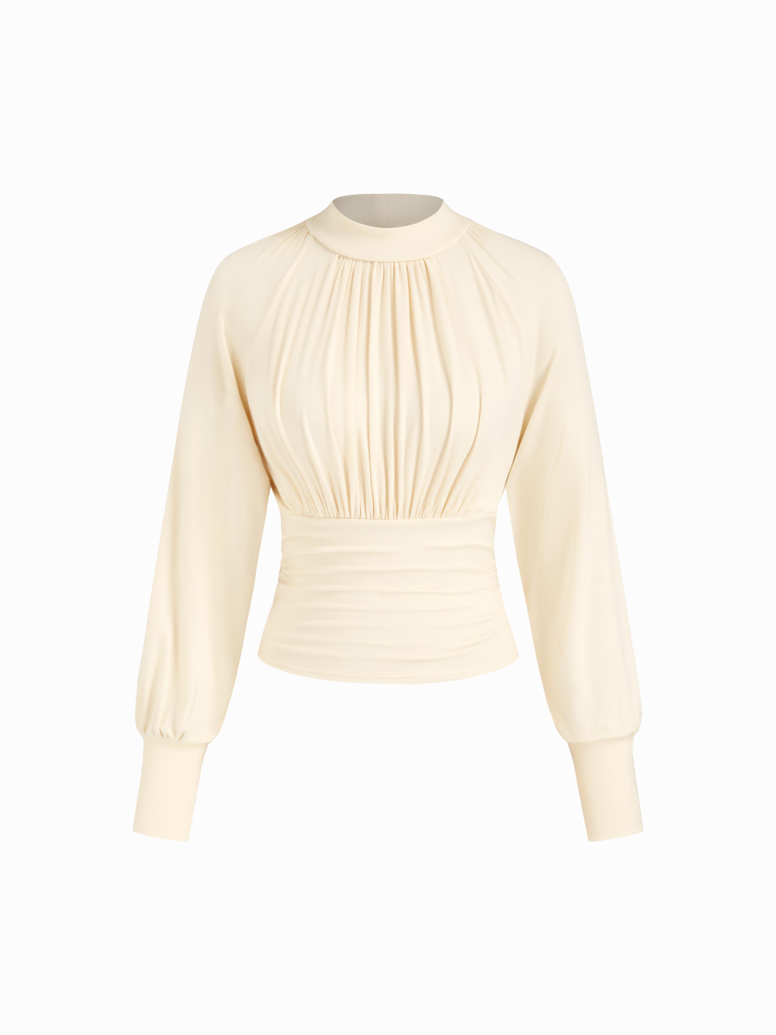 High Neck Long Sleeve Ruched Cinched Waist Blouse by CIDER