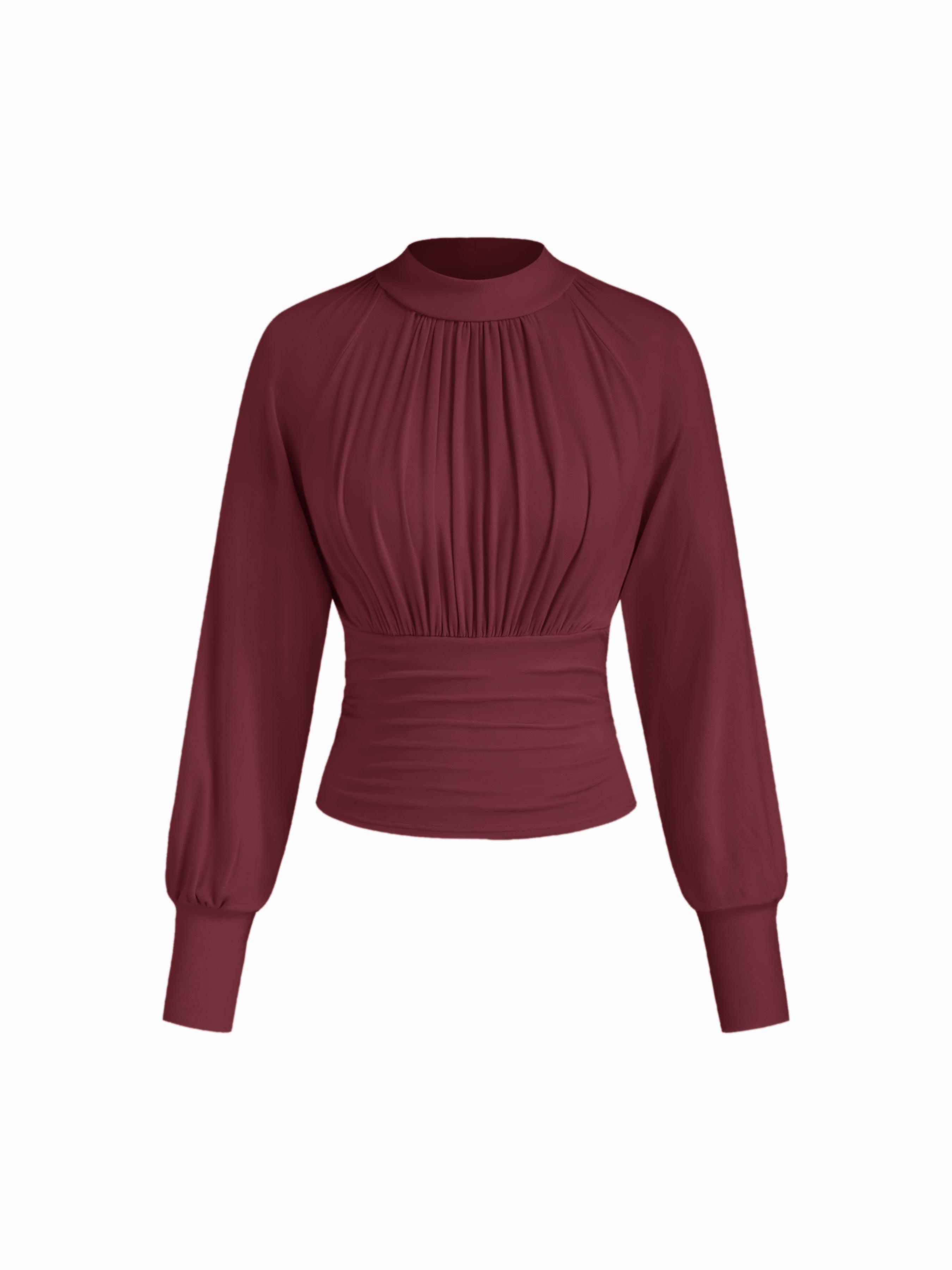High Neck Long Sleeve Ruched Cinched Waist Blouse by CIDER
