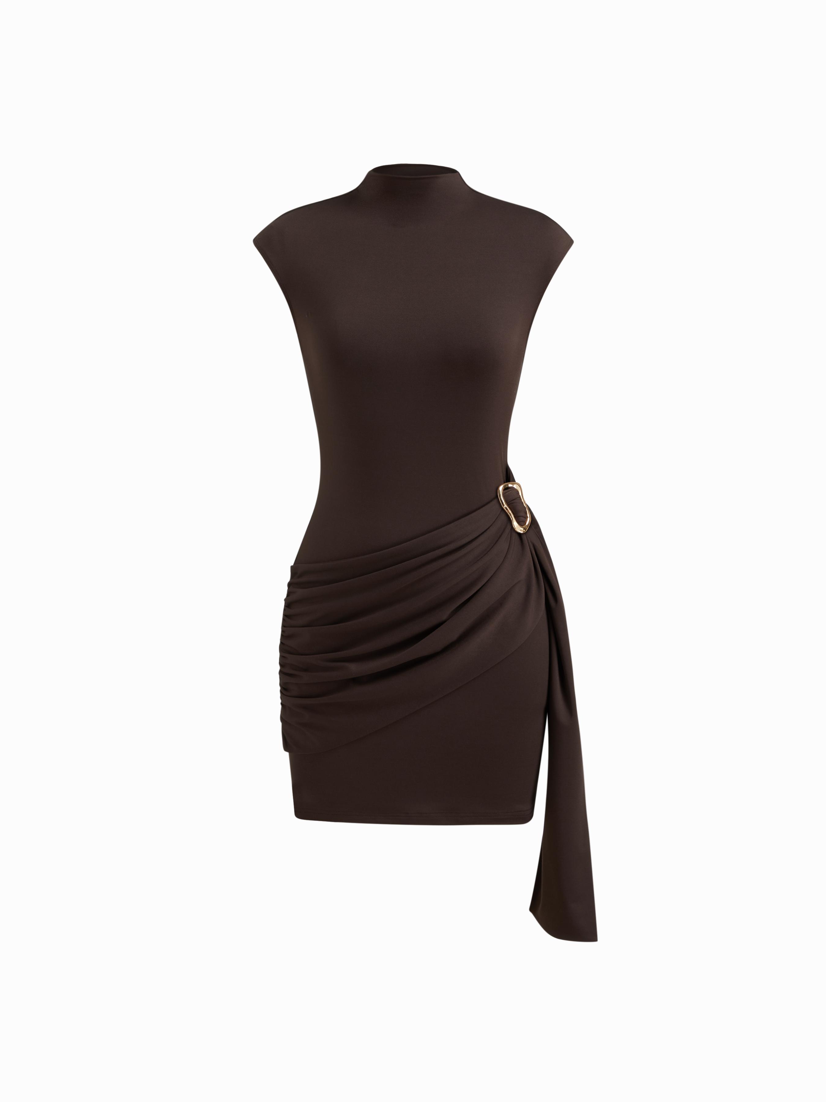 High Neck Metal Detail Ruched Mini Dress by CIDER