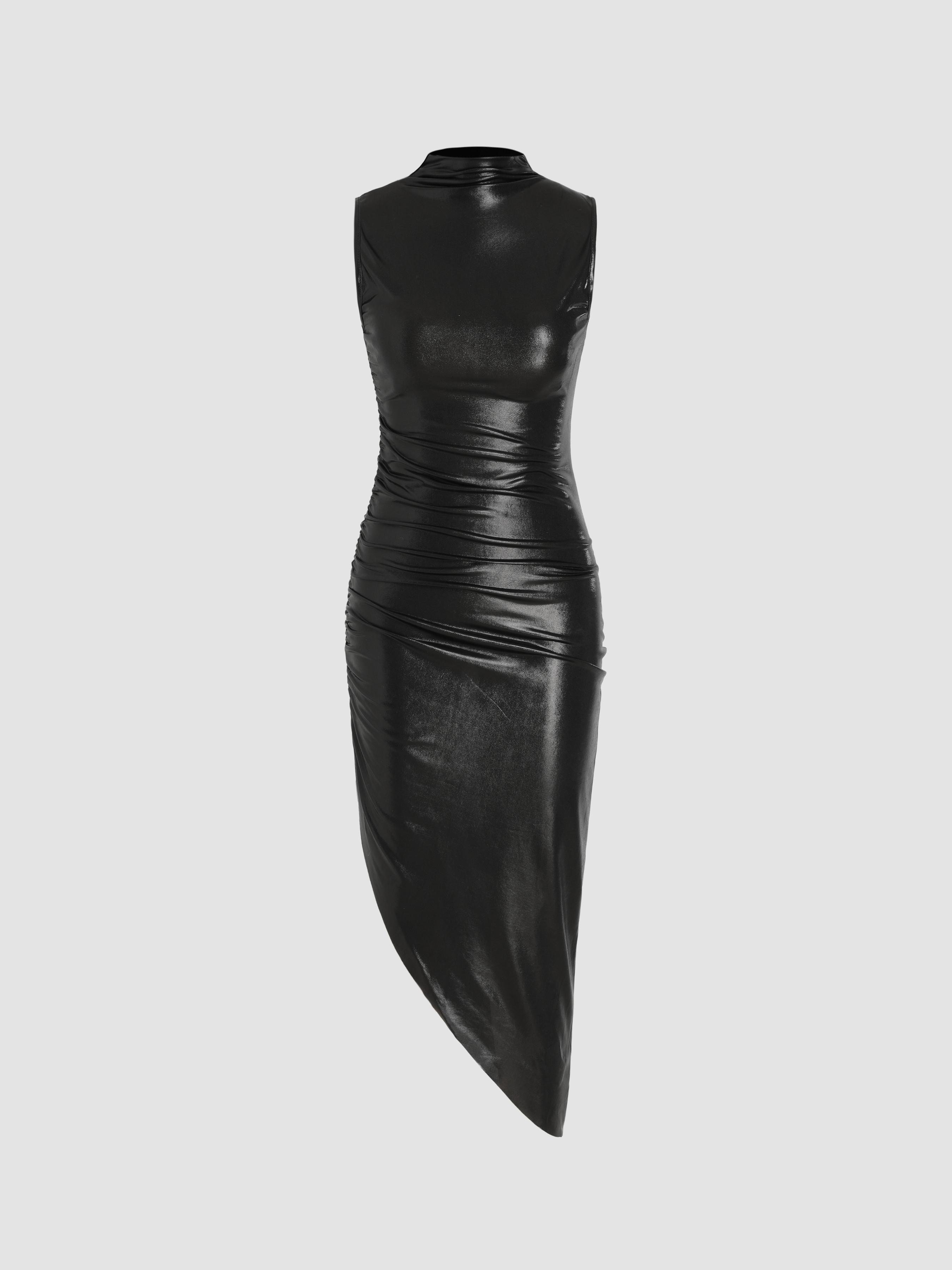 High Neck Metallic Ruched Midi Dress by CIDER