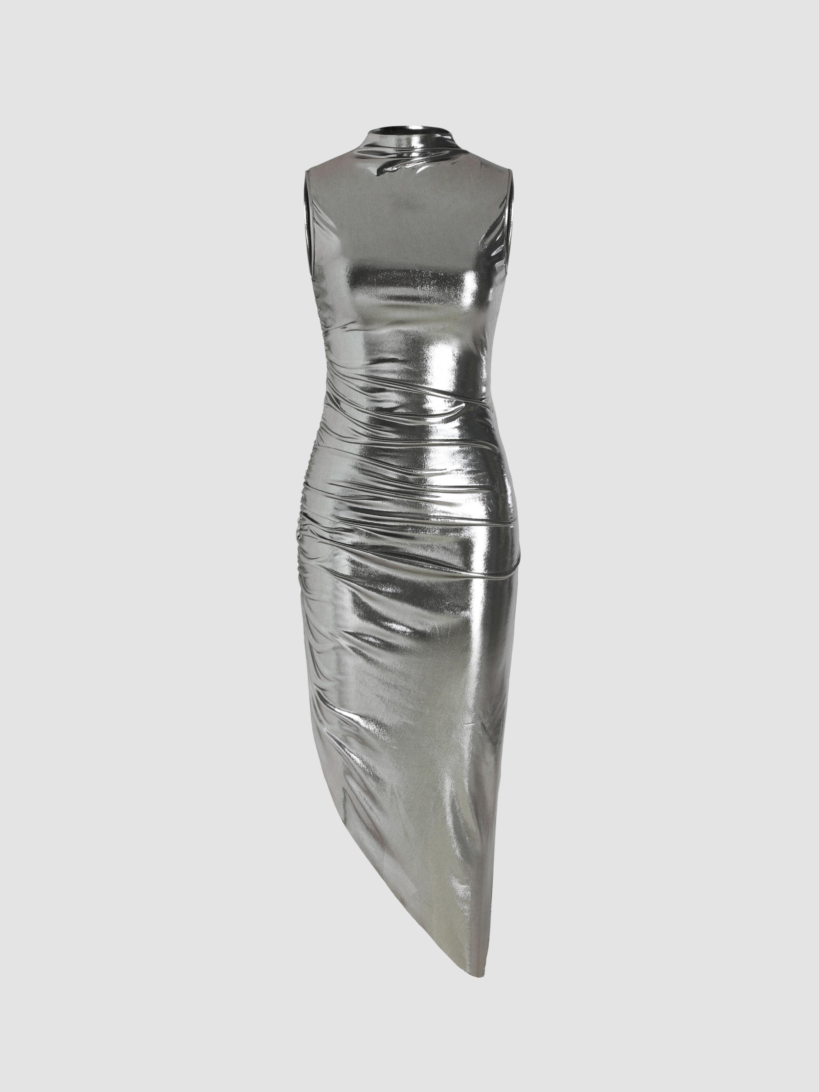 High Neck Metallic Ruched Midi Dress by CIDER