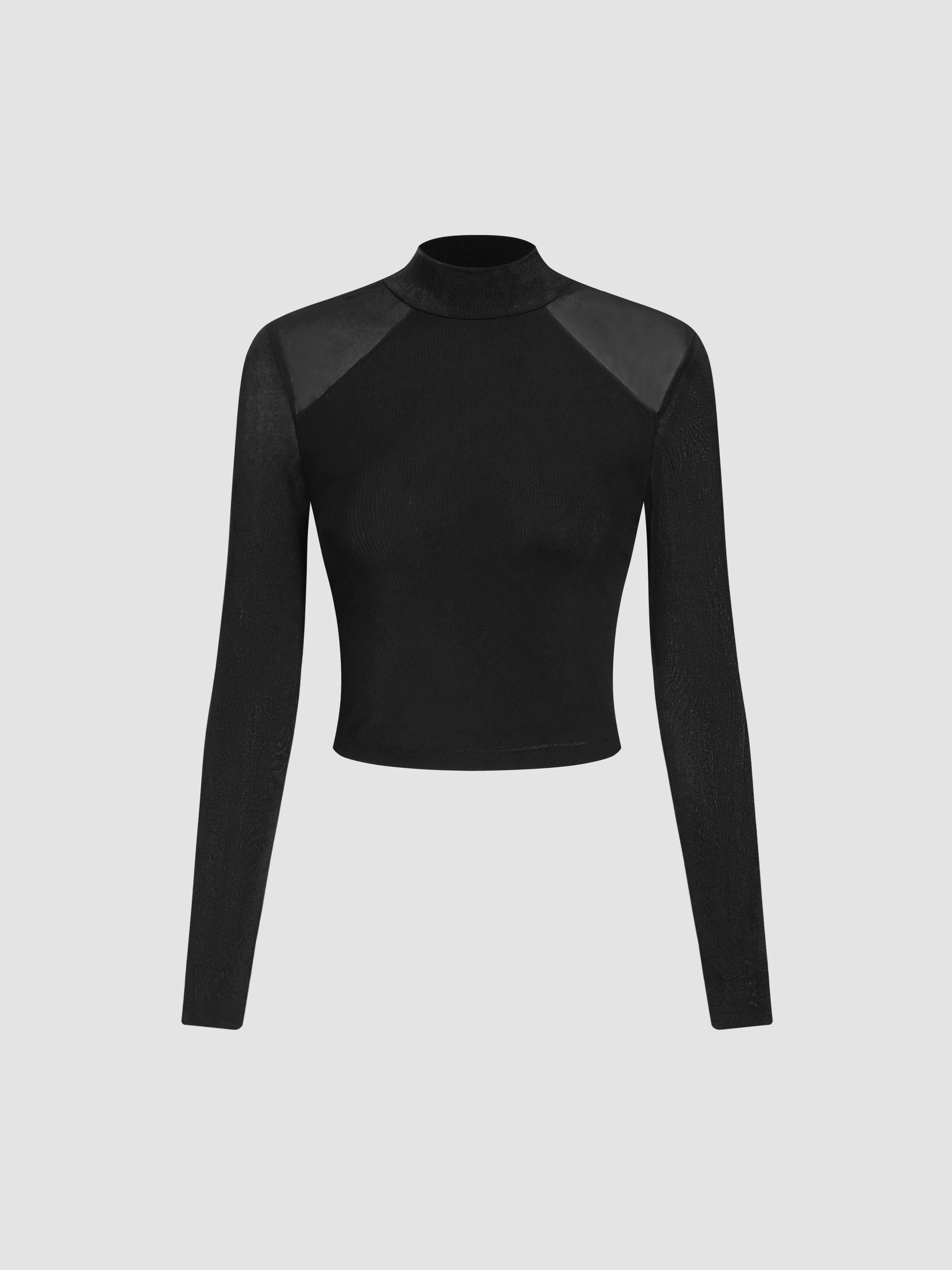 High Neck Patched Long Sleeve Top by CIDER