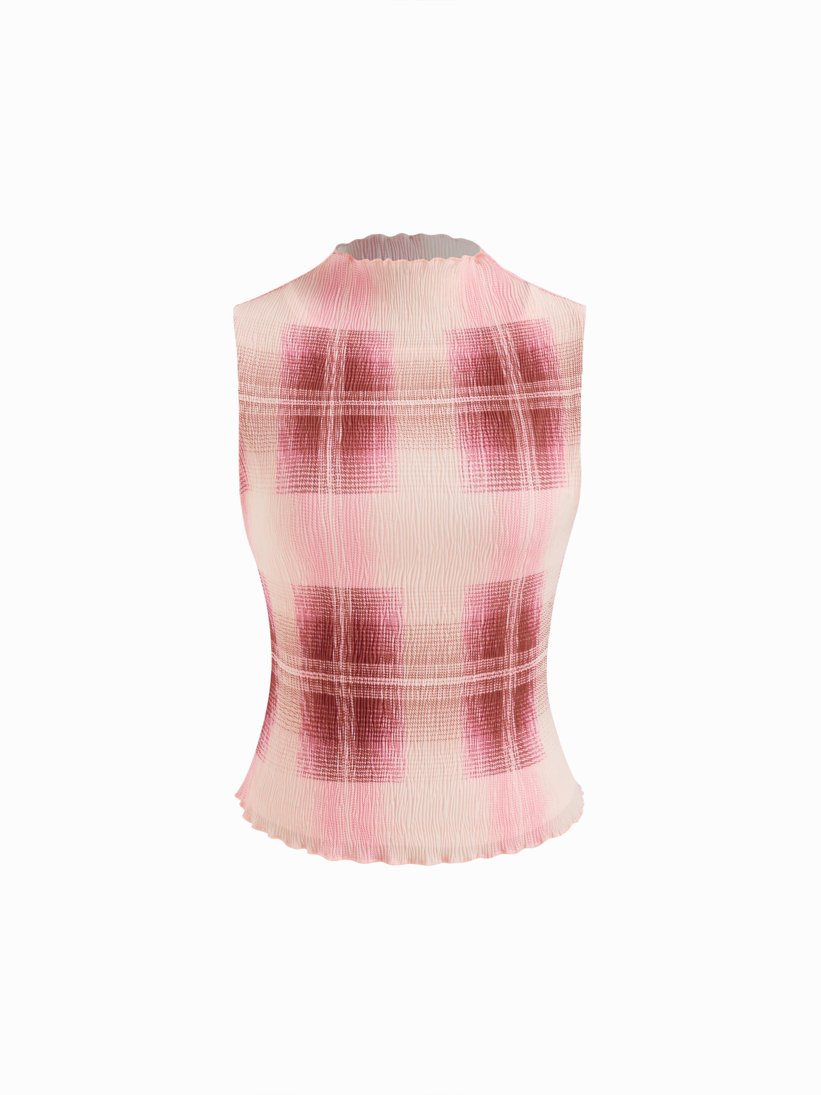 High Neck Plaid Texture Lettuce Trim Tank Top by CIDER
