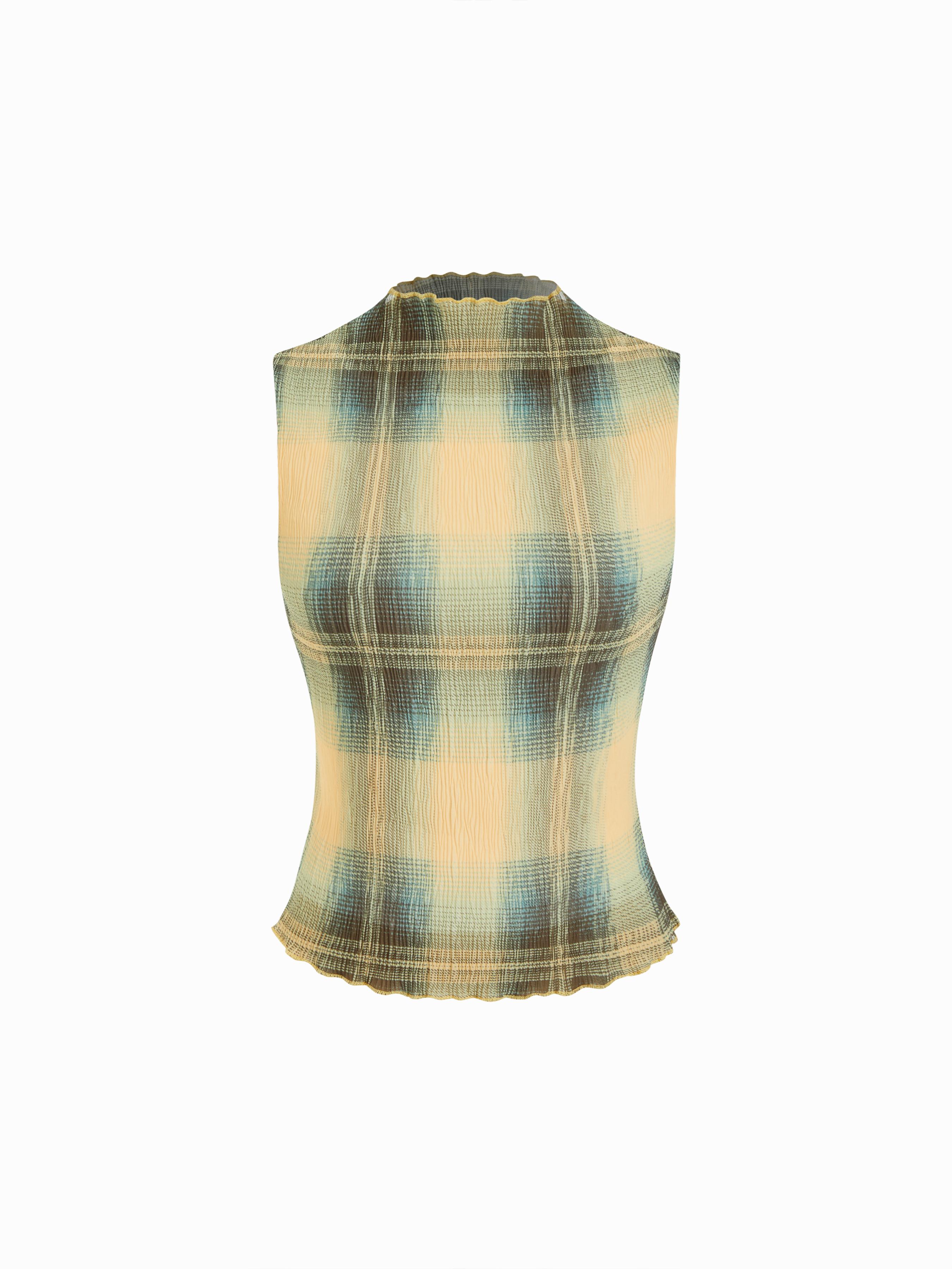 High Neck Plaid Texture Lettuce Trim Tank Top by CIDER