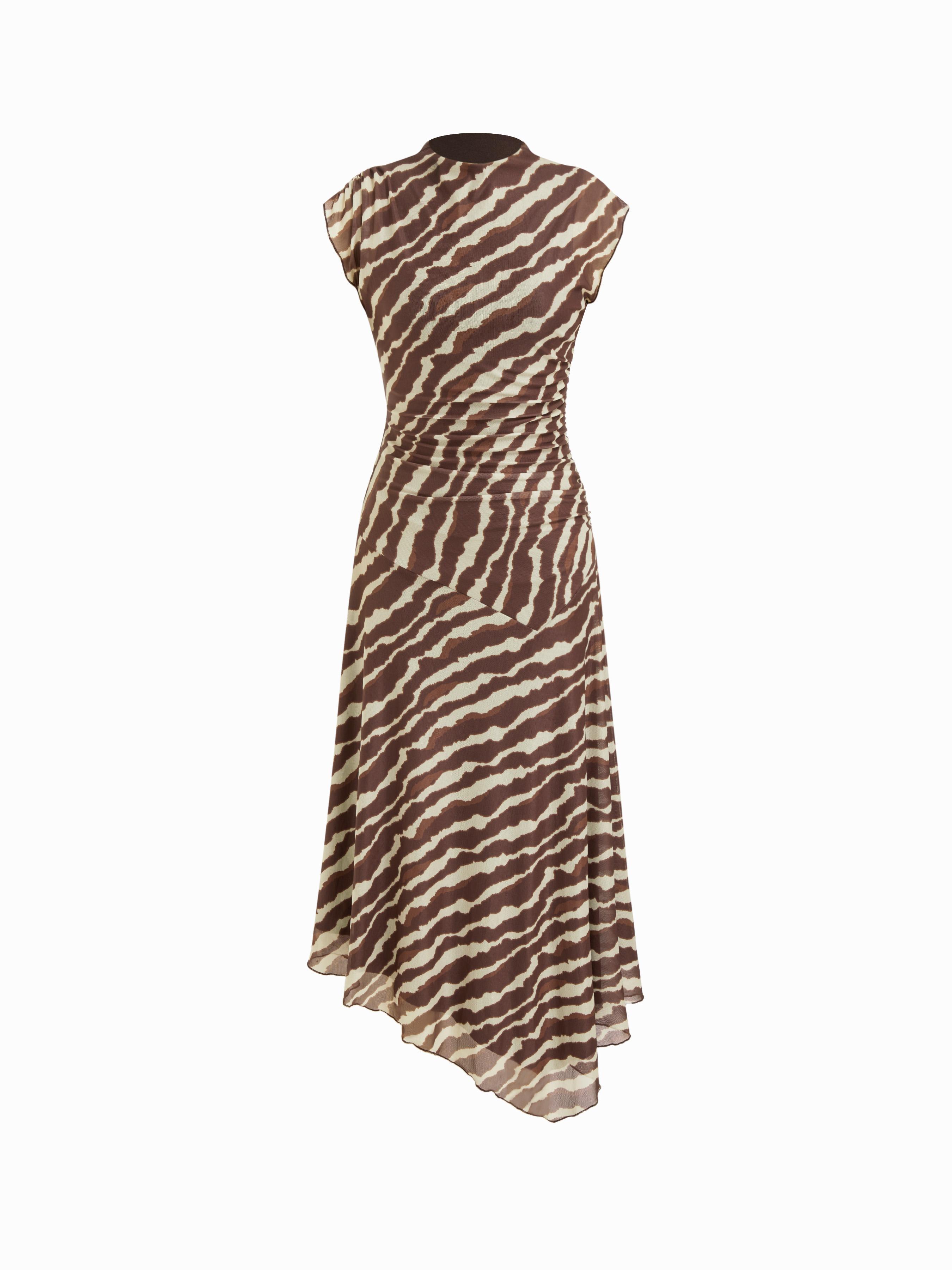 High Neck Ruched Asymmetrical Hem Midi Dress by CIDER