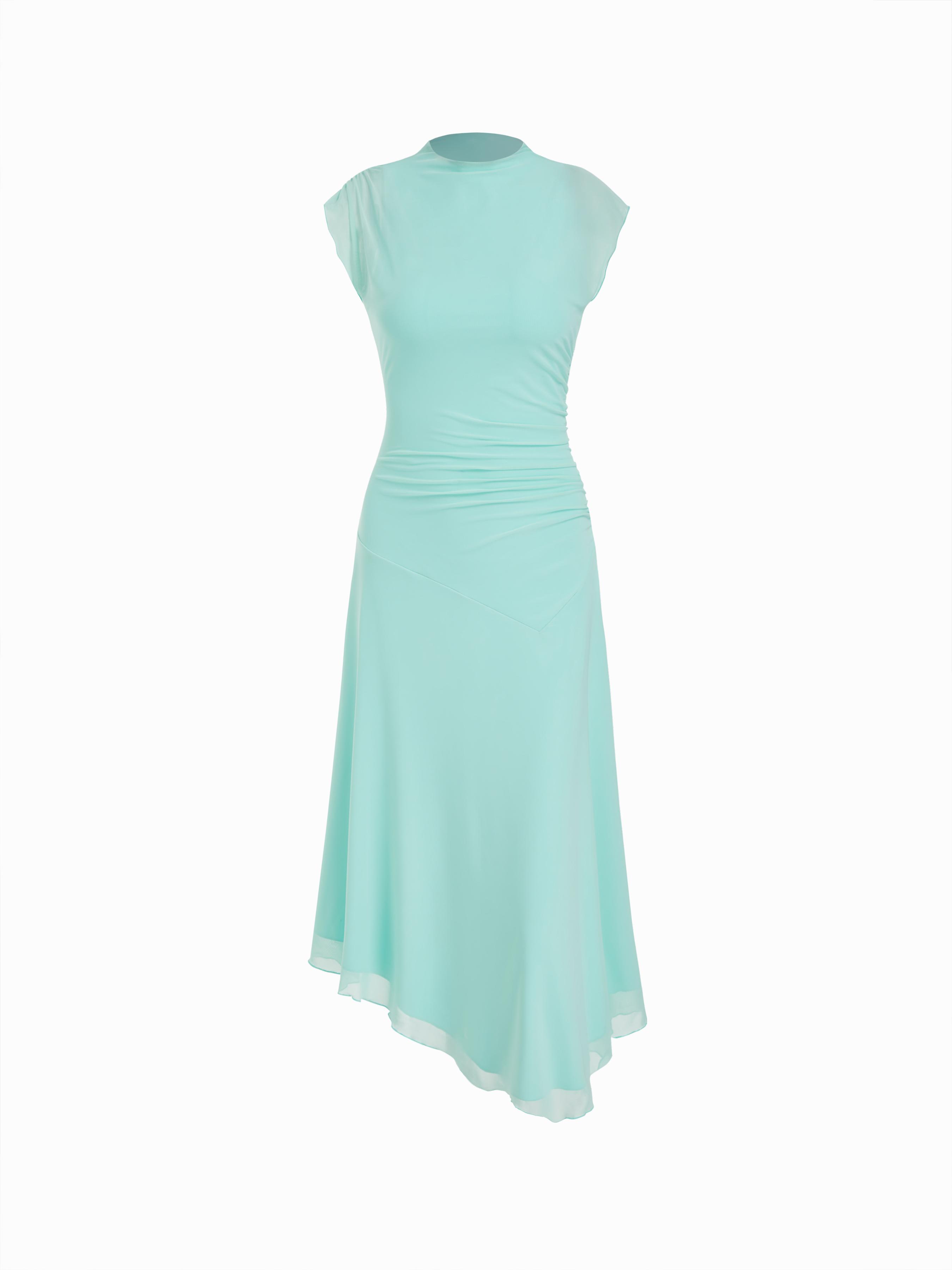 High Neck Ruched Asymmetrical Hem Midi Dress by CIDER