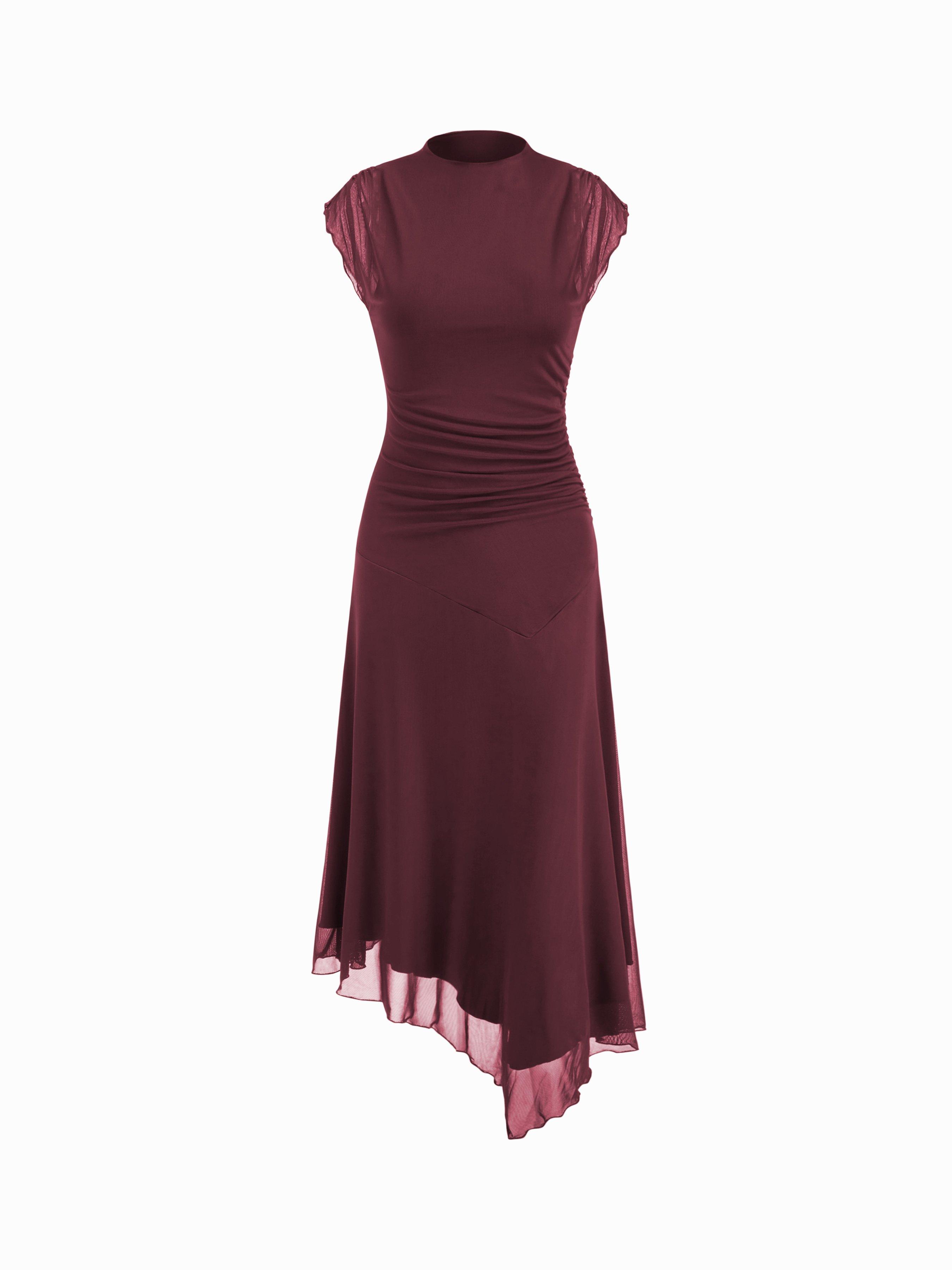 High Neck Ruched Asymmetrical Hem Midi Dress by CIDER