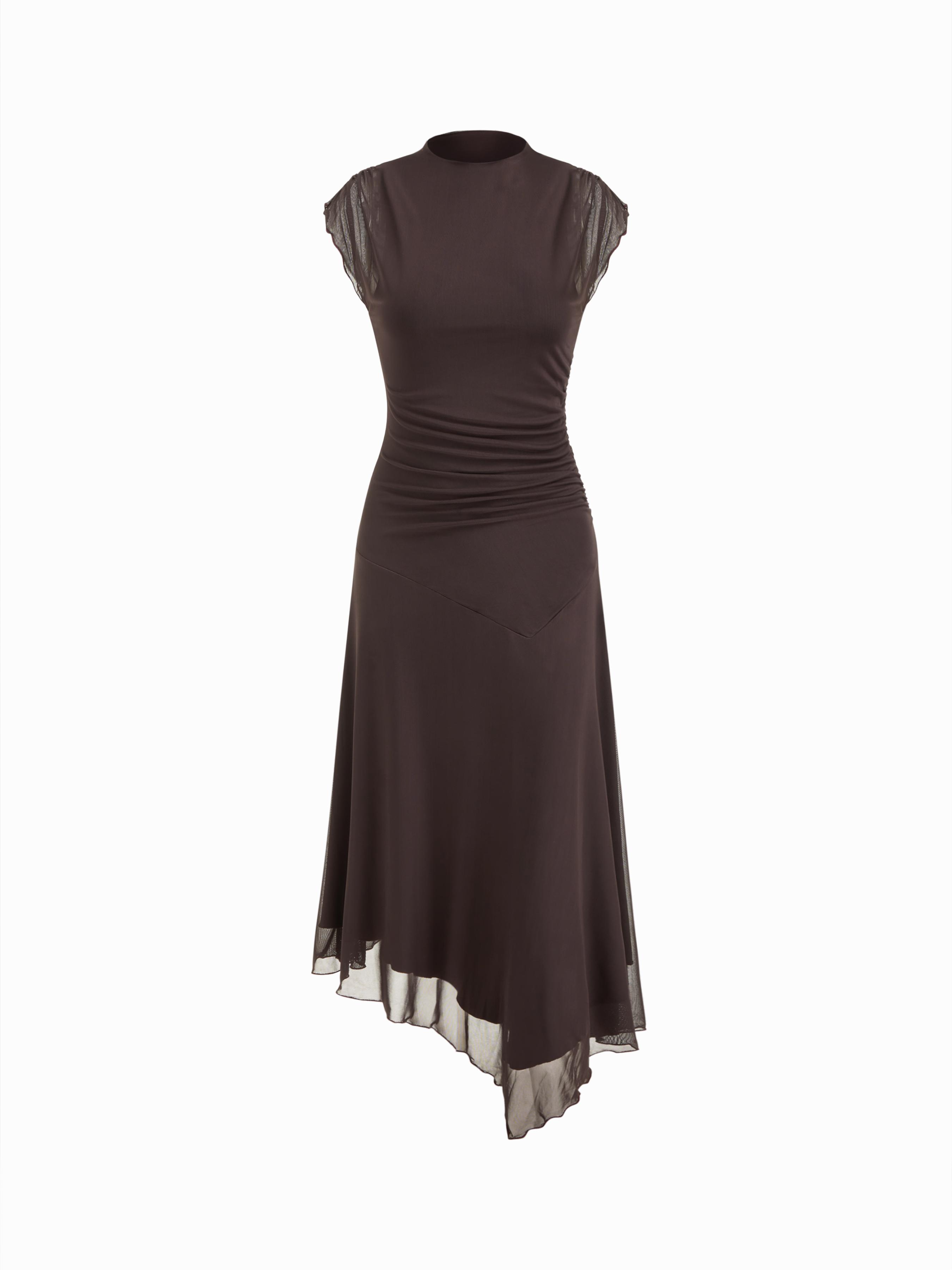 High Neck Ruched Asymmetrical Hem Midi Dress by CIDER