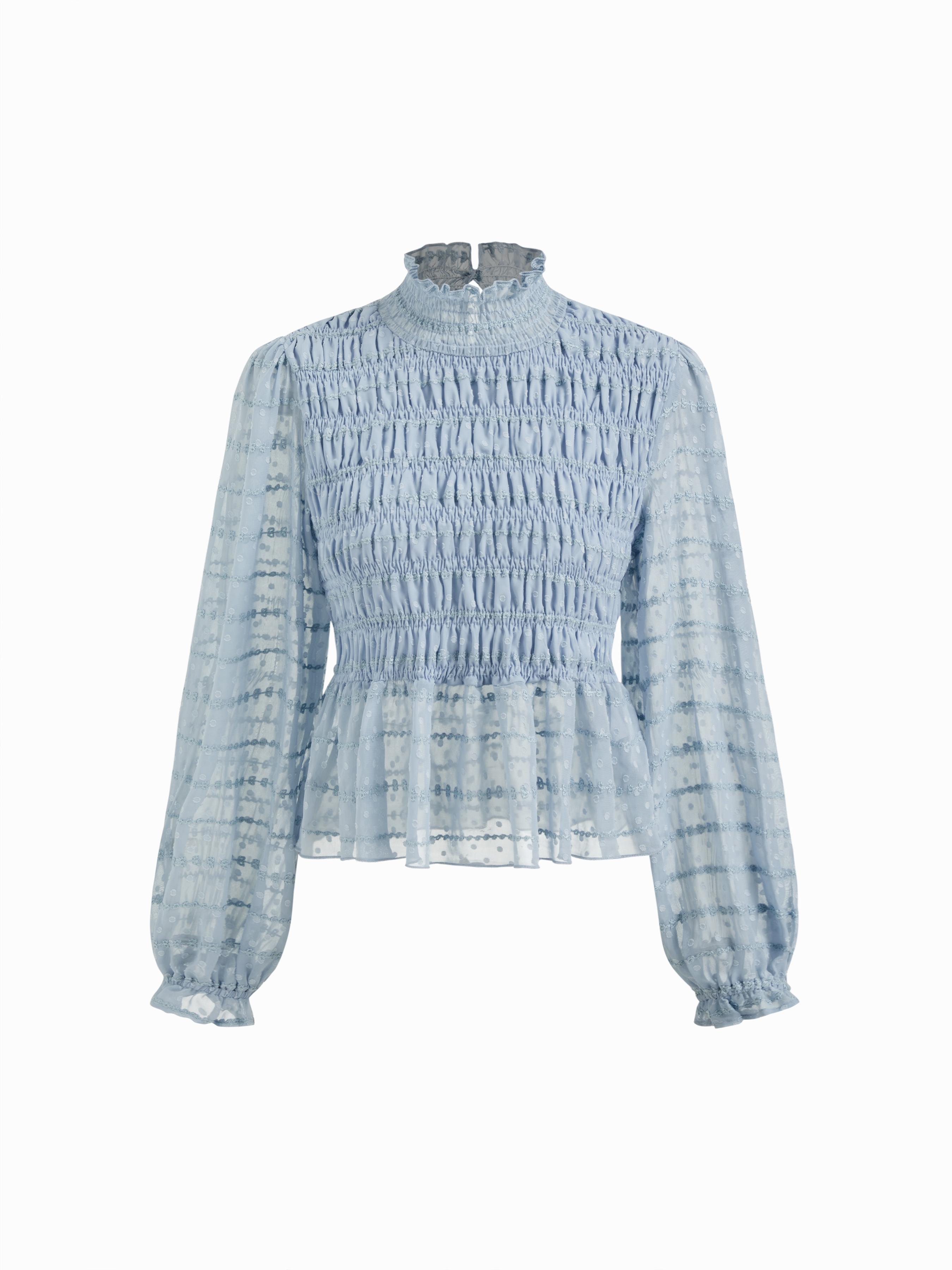 High Neck Shirred Lettuce Trim Long Sleeve Blouse by CIDER