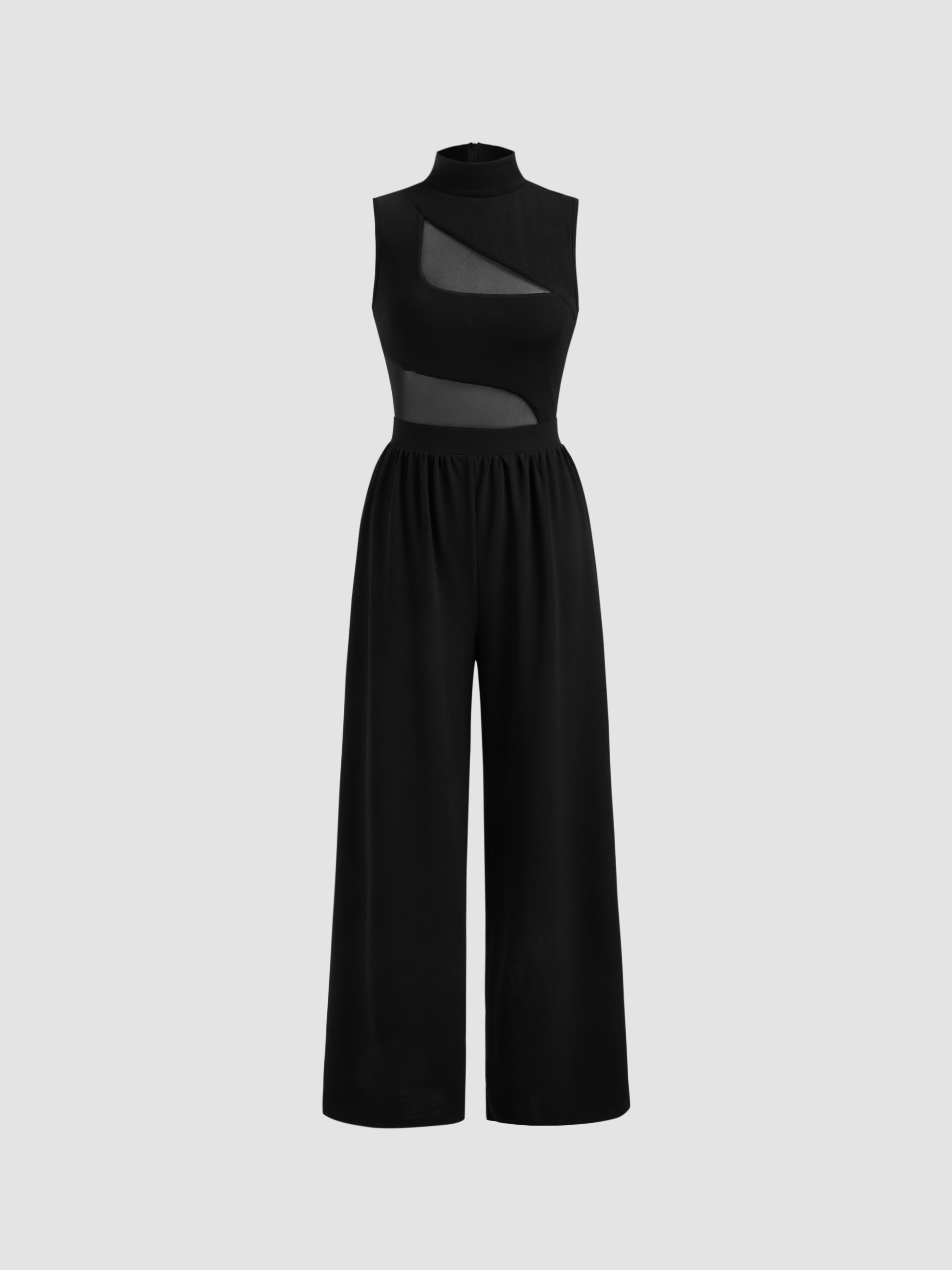 High Neck Solid Cut Out Patched Wide Leg Jumpsuit by CIDER