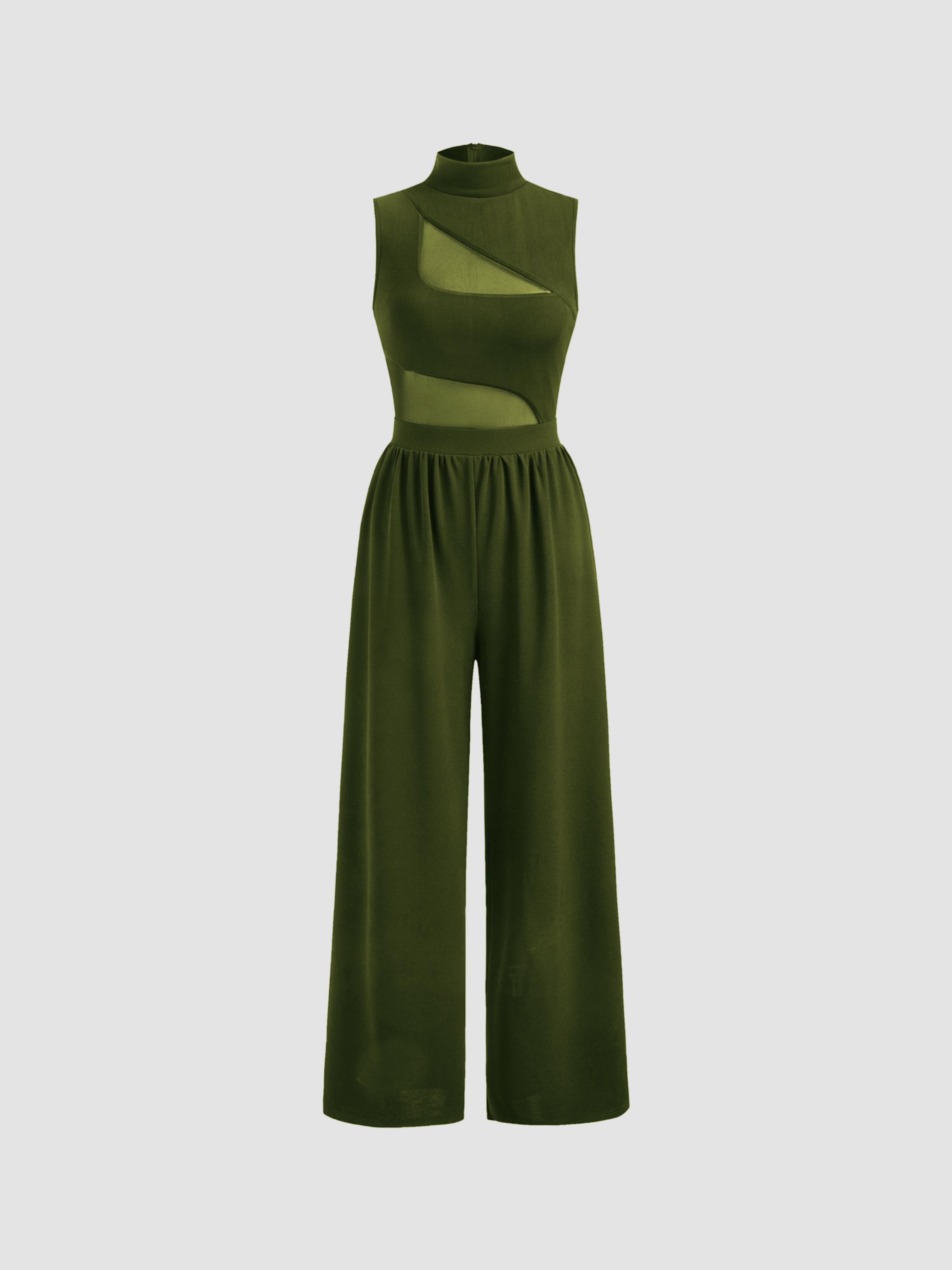 High Neck Solid Cut Out Patched Wide Leg Jumpsuit by CIDER