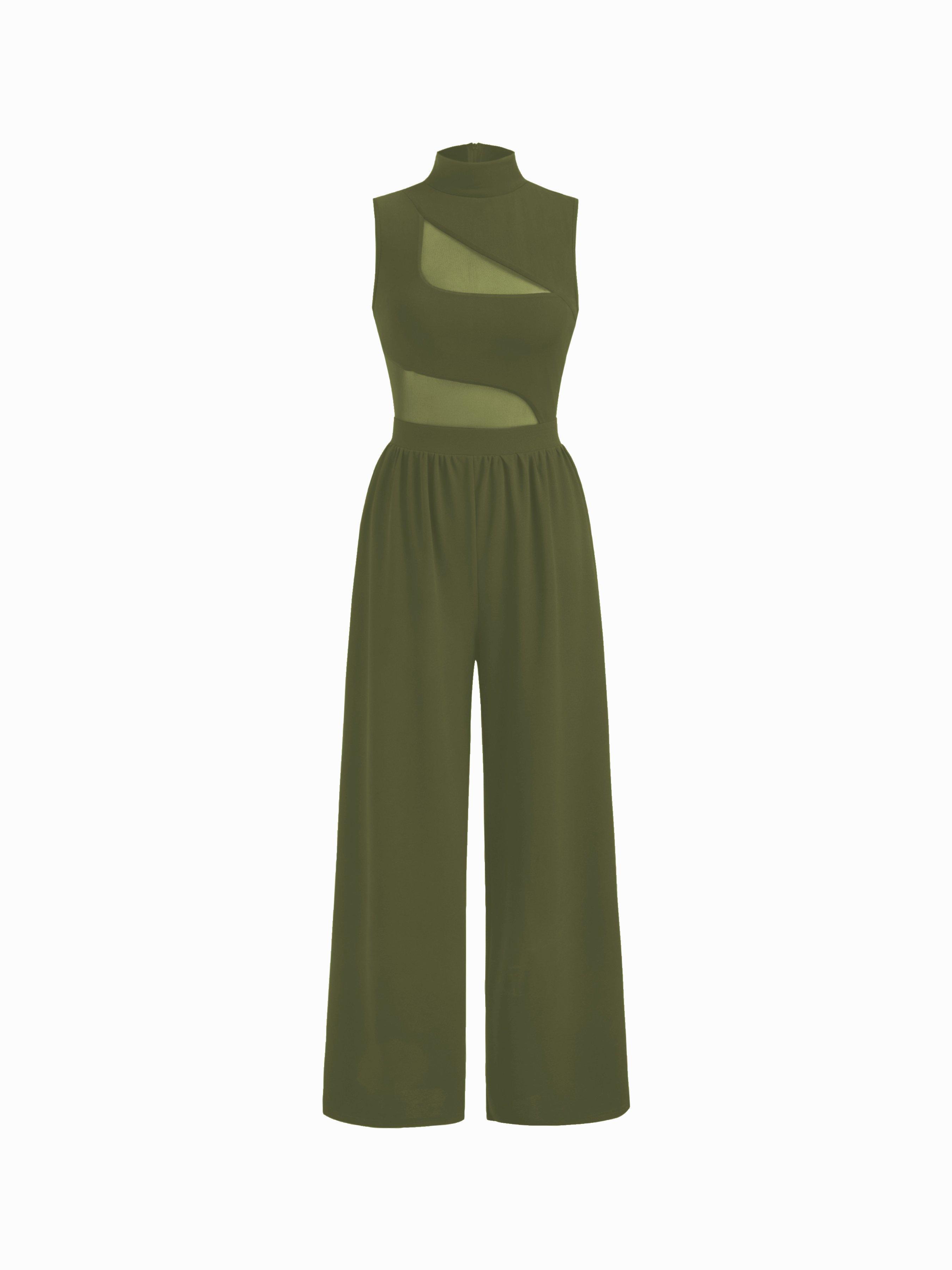 High Neck Solid Cut Out Patched Wide Leg Jumpsuit by CIDER
