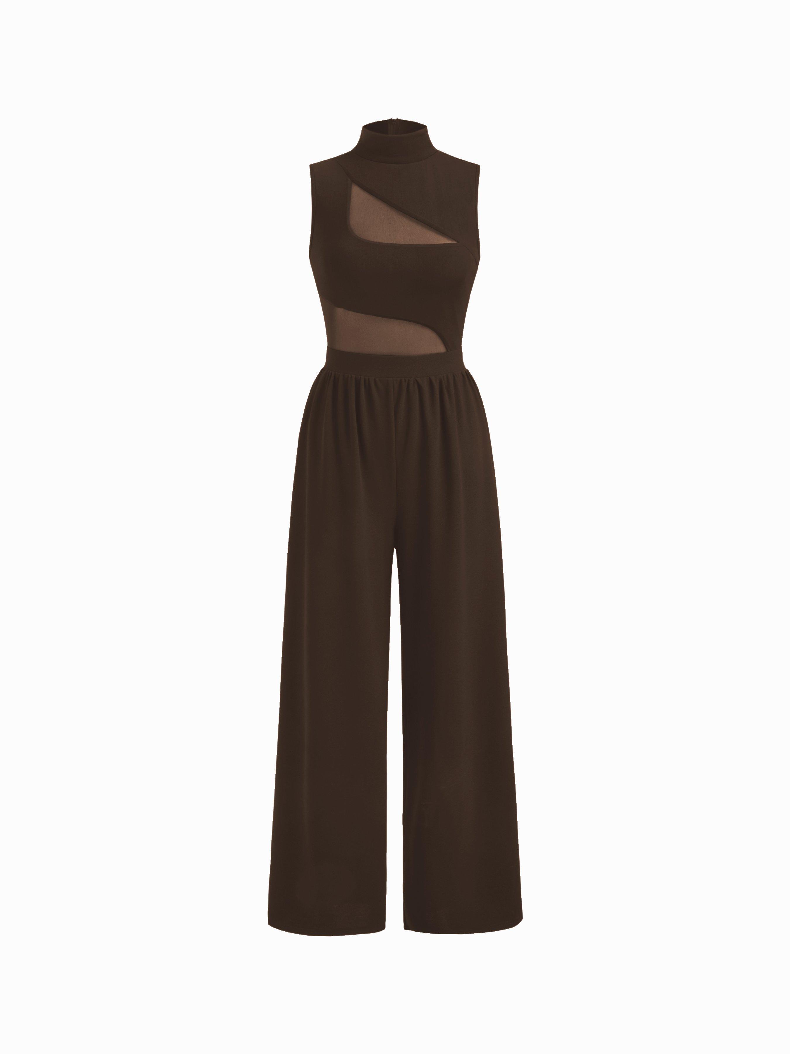High Neck Solid Cut Out Patched Wide Leg Jumpsuit by CIDER