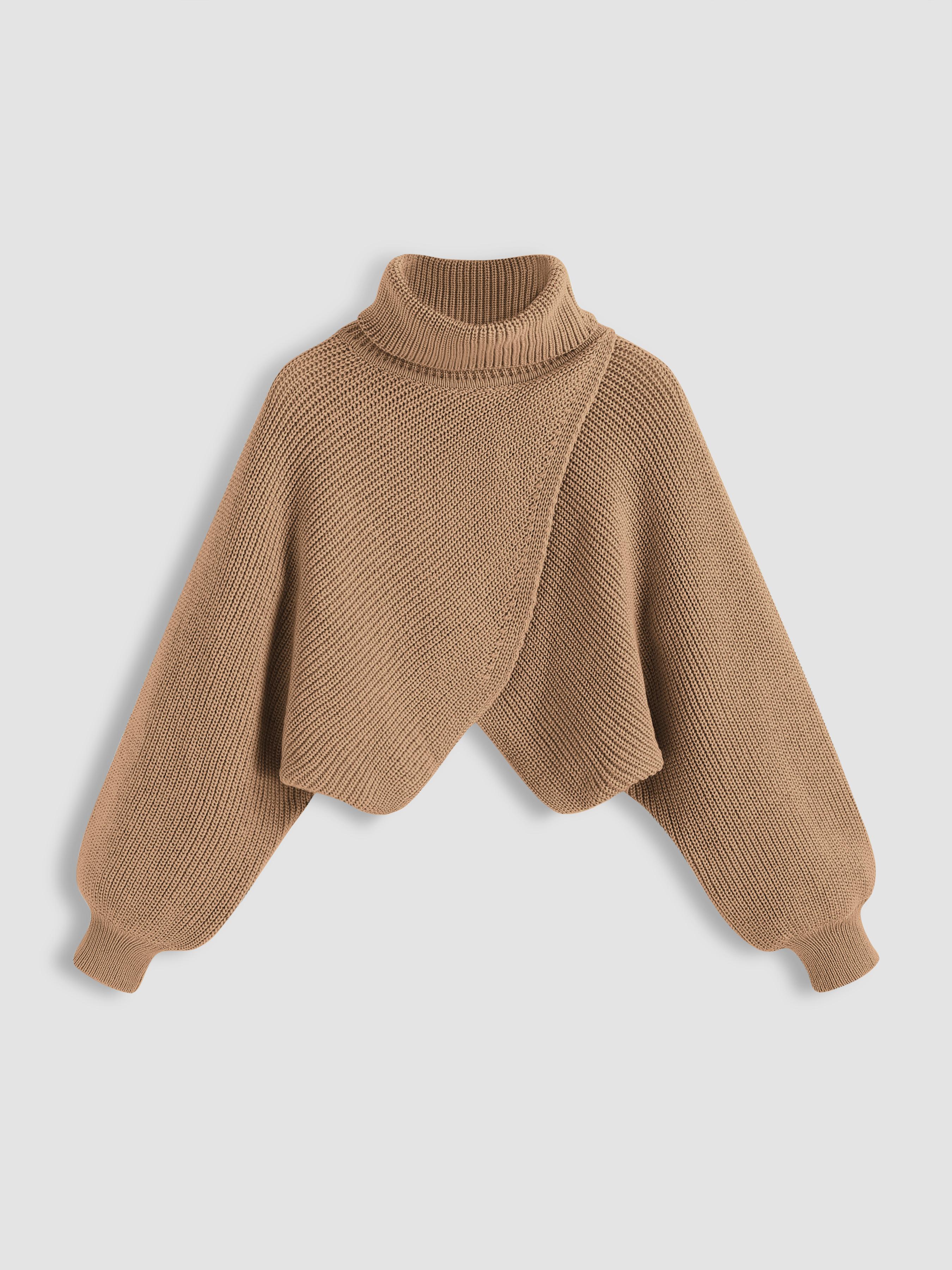 High Neck Solid Knitted Long Sleeve Crop Sweater by CIDER