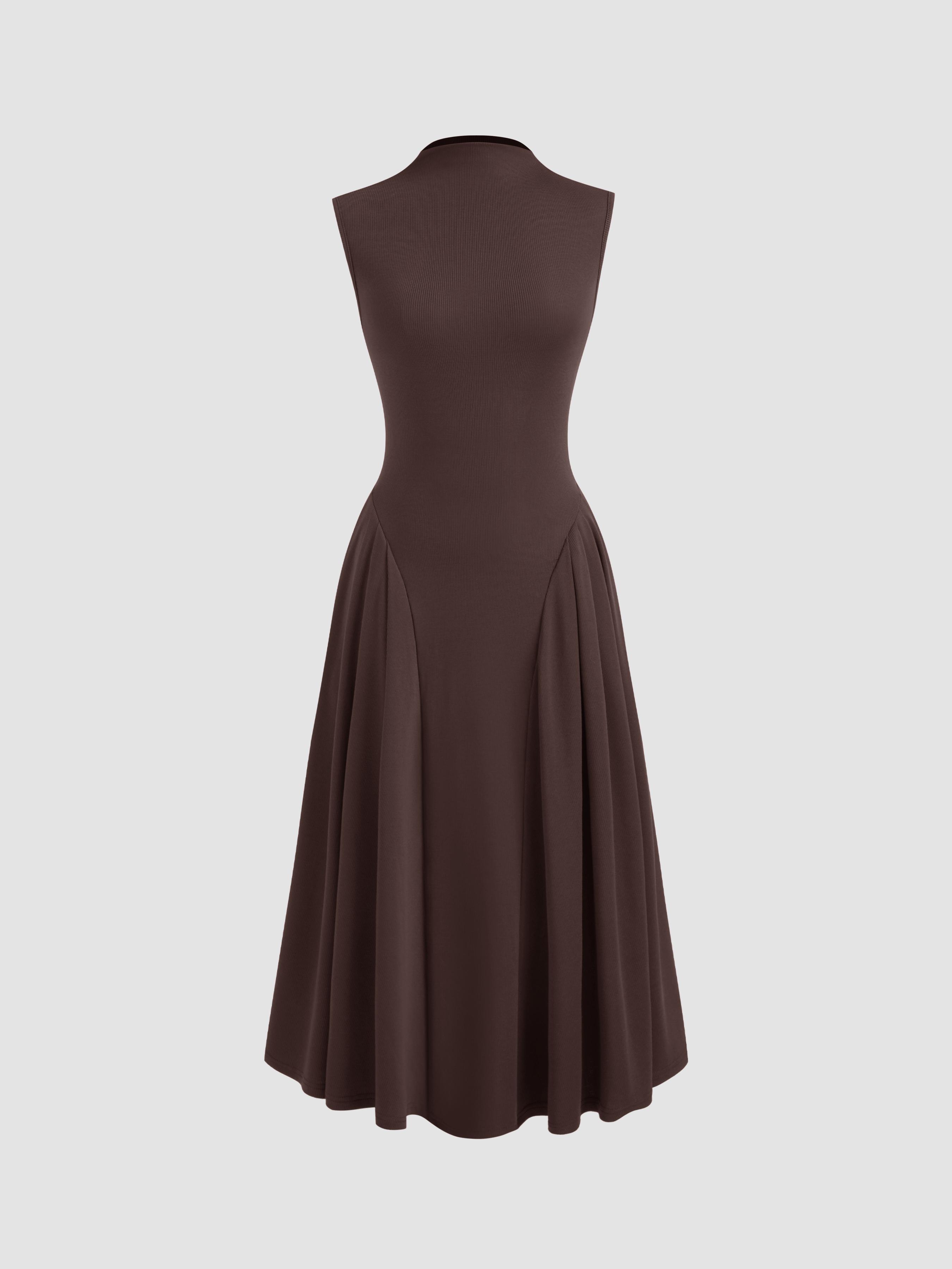 High Neck Solid Pocket Ruffle Midi Dress by CIDER