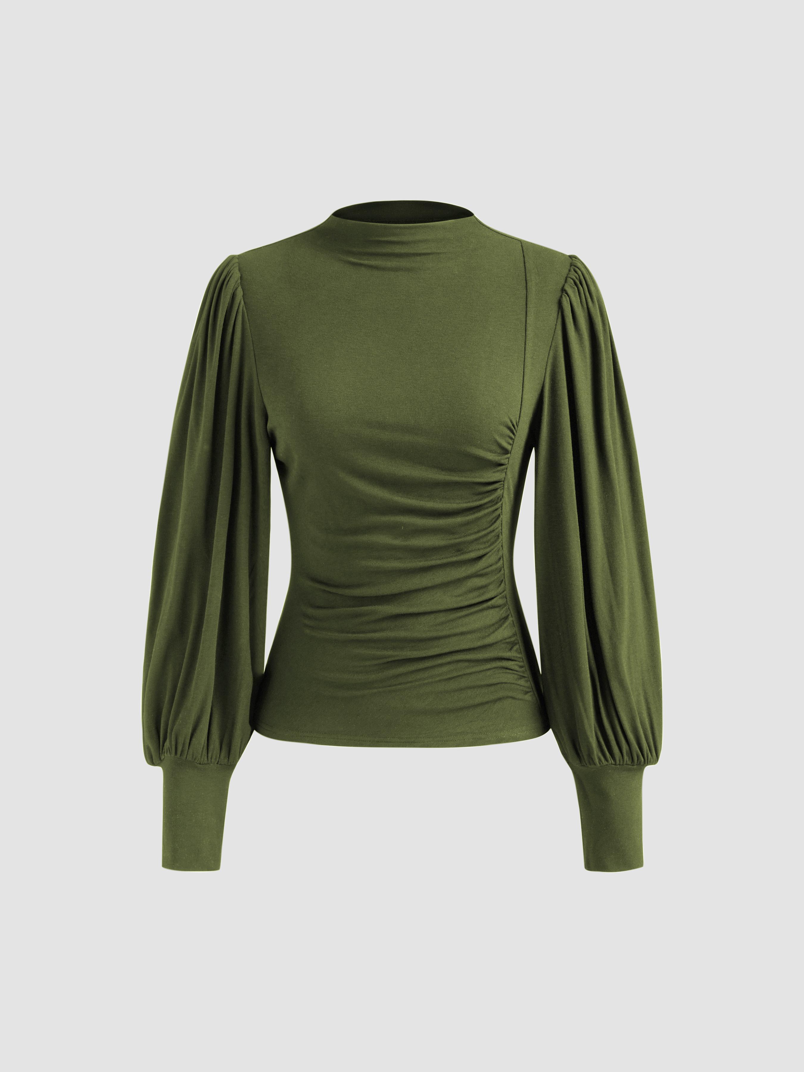 High Neck Solid Ruched Long Sleeve Top by CIDER