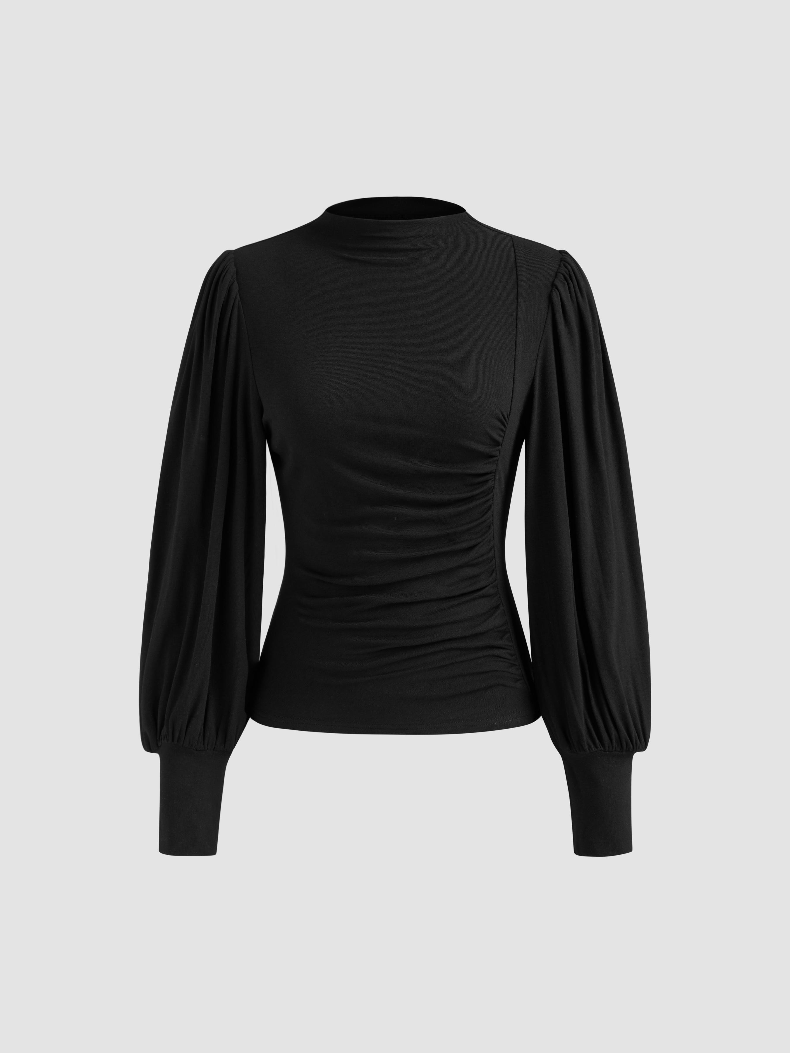 High Neck Solid Ruched Long Sleeve Top by CIDER