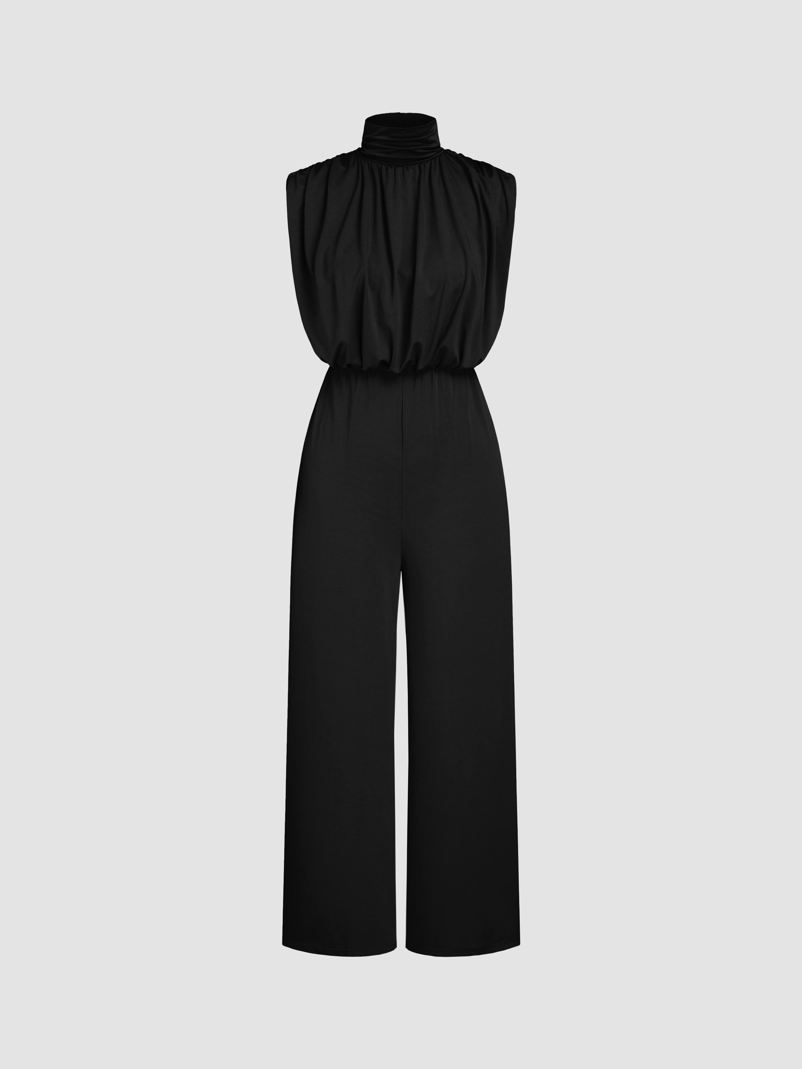 High Neck Solid Zipper Ruched Jumpsuit by CIDER