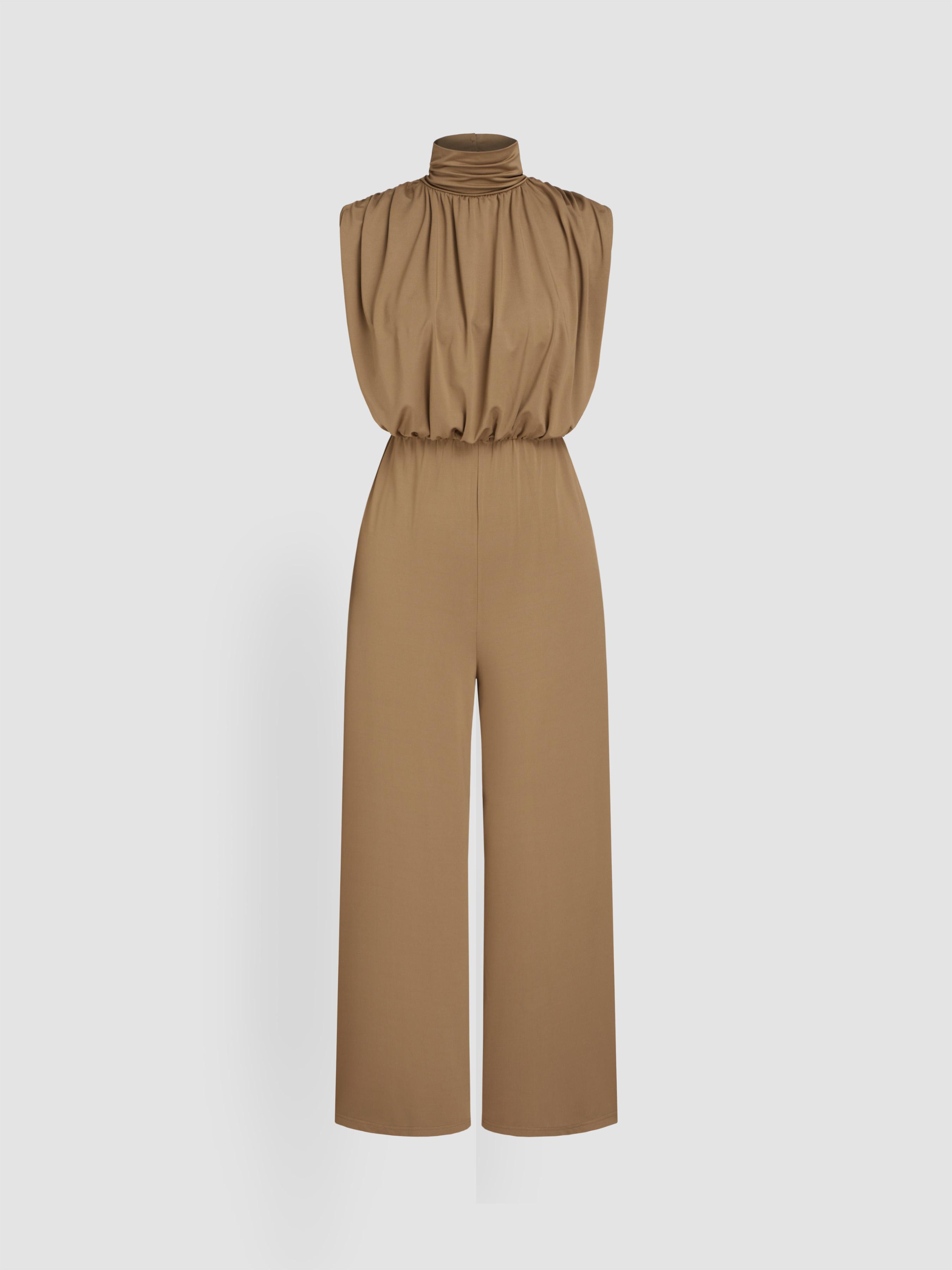 High Neck Solid Zipper Ruched Jumpsuit by CIDER