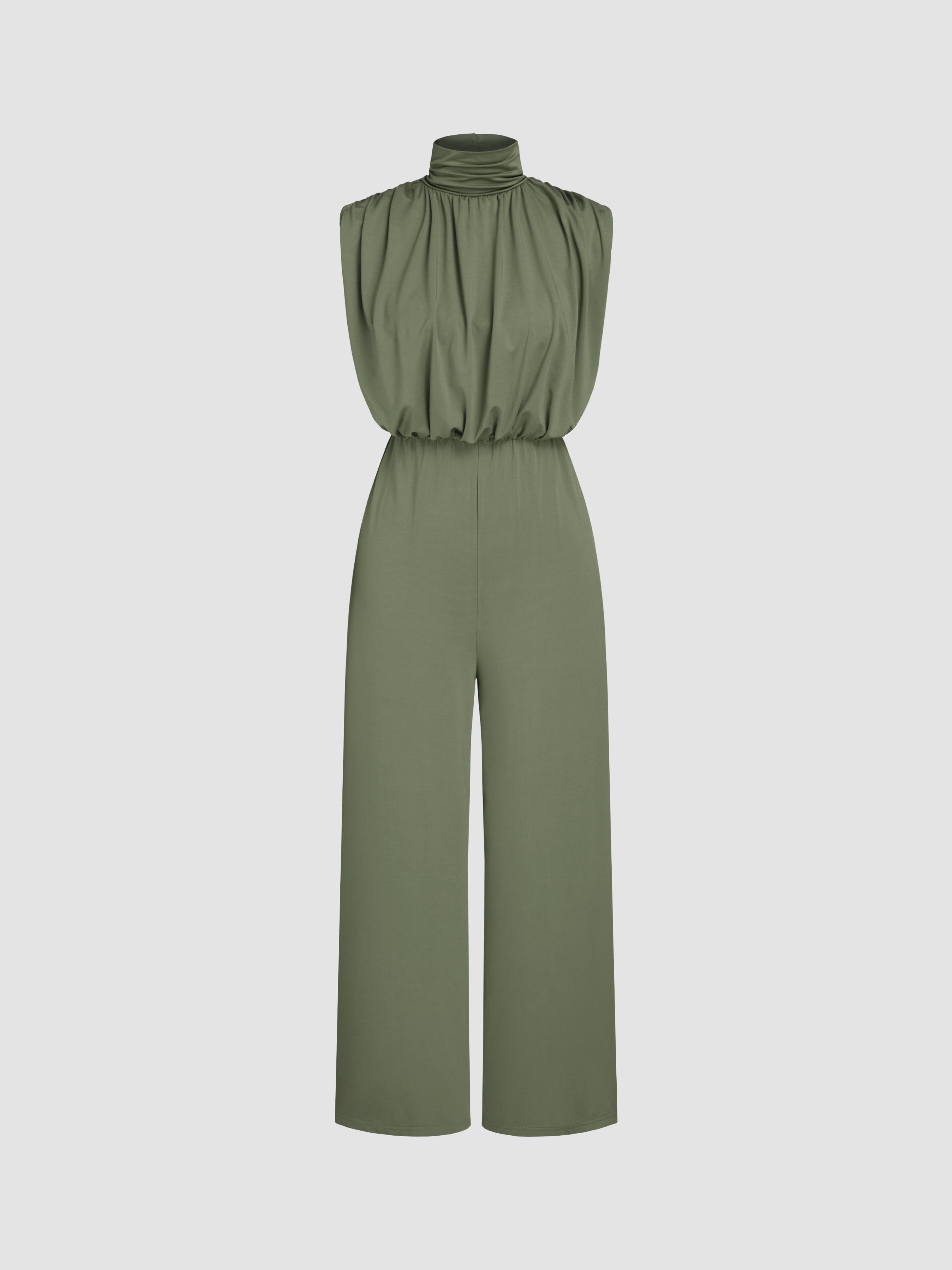 High Neck Solid Zipper Ruched Jumpsuit by CIDER