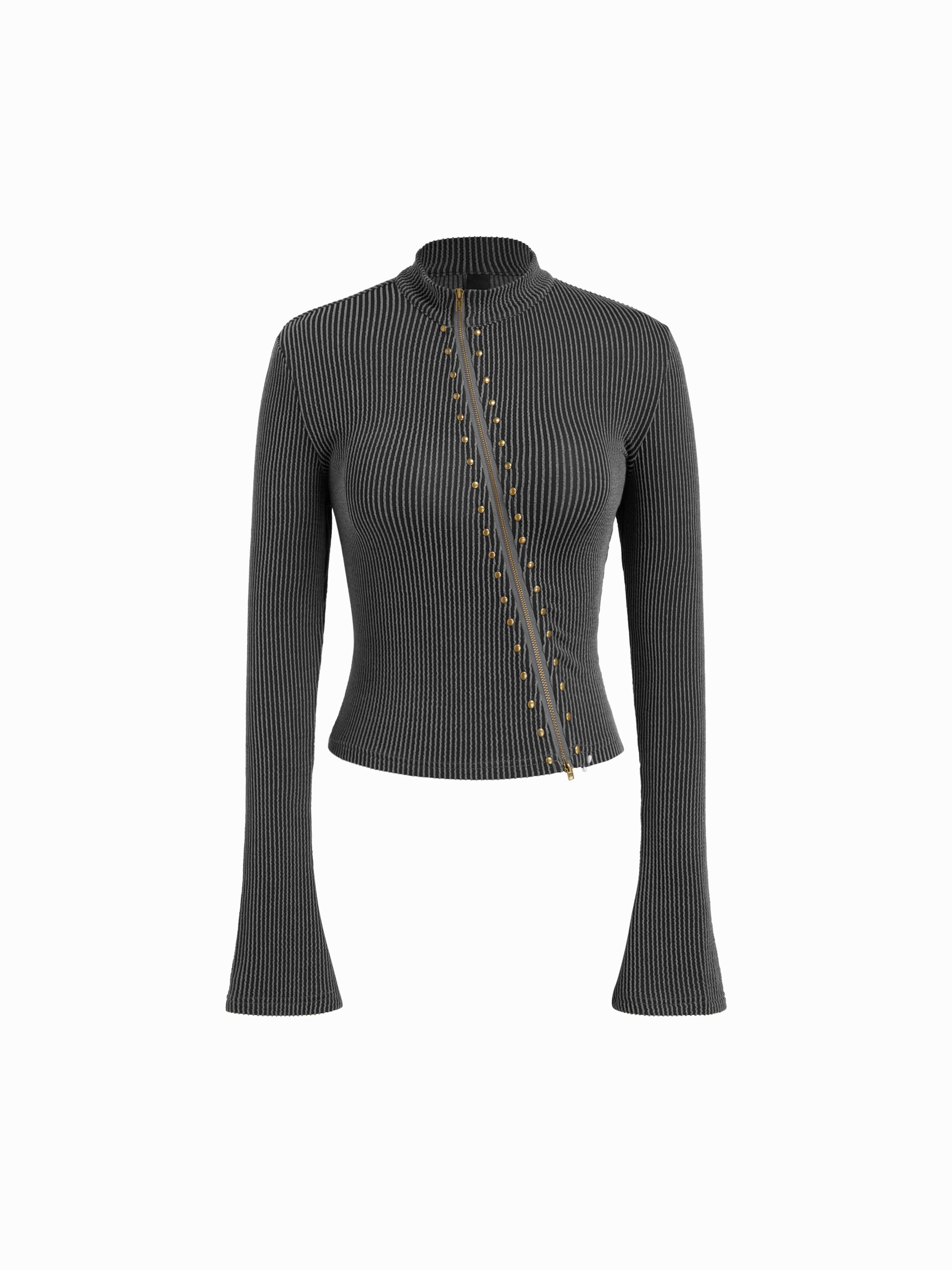 High Neck Striped Asymmetrical Zipper Metal Detail Long Sleeve Top by CIDER High Neck Striped Asymmetrical Zipper Metal Detail Long Sleeve Top by CIDER