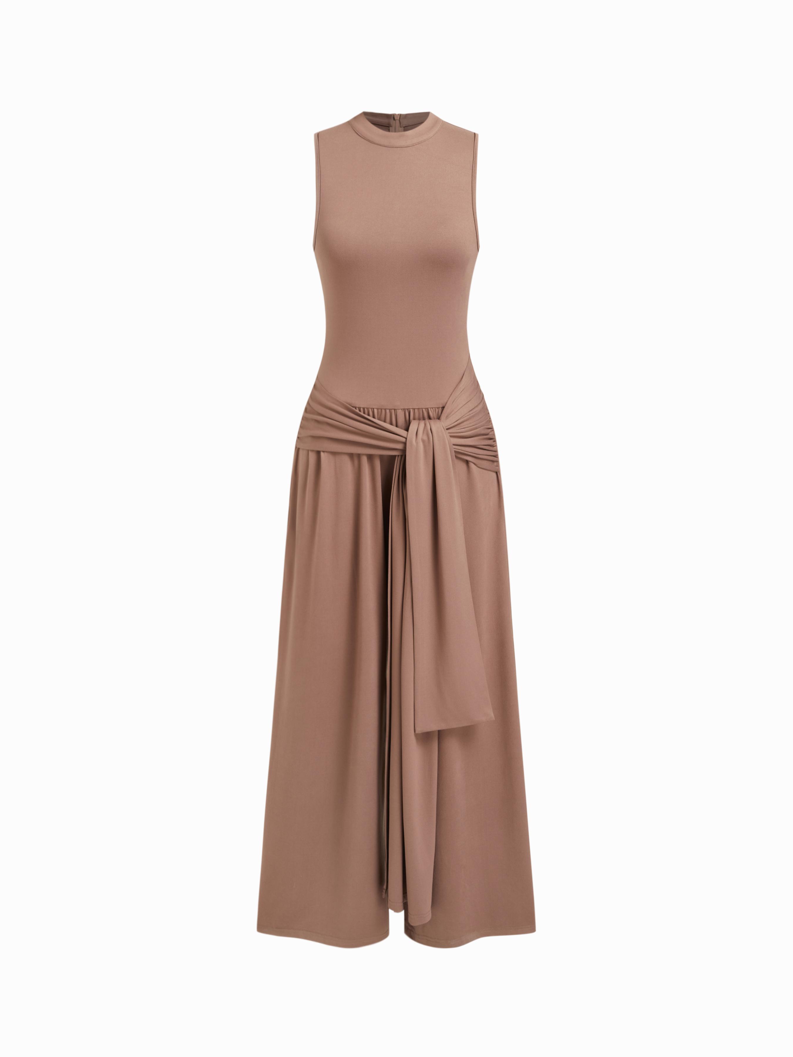 High Neck Tie Waist Draped Wide Leg Jumpsuit by CIDER