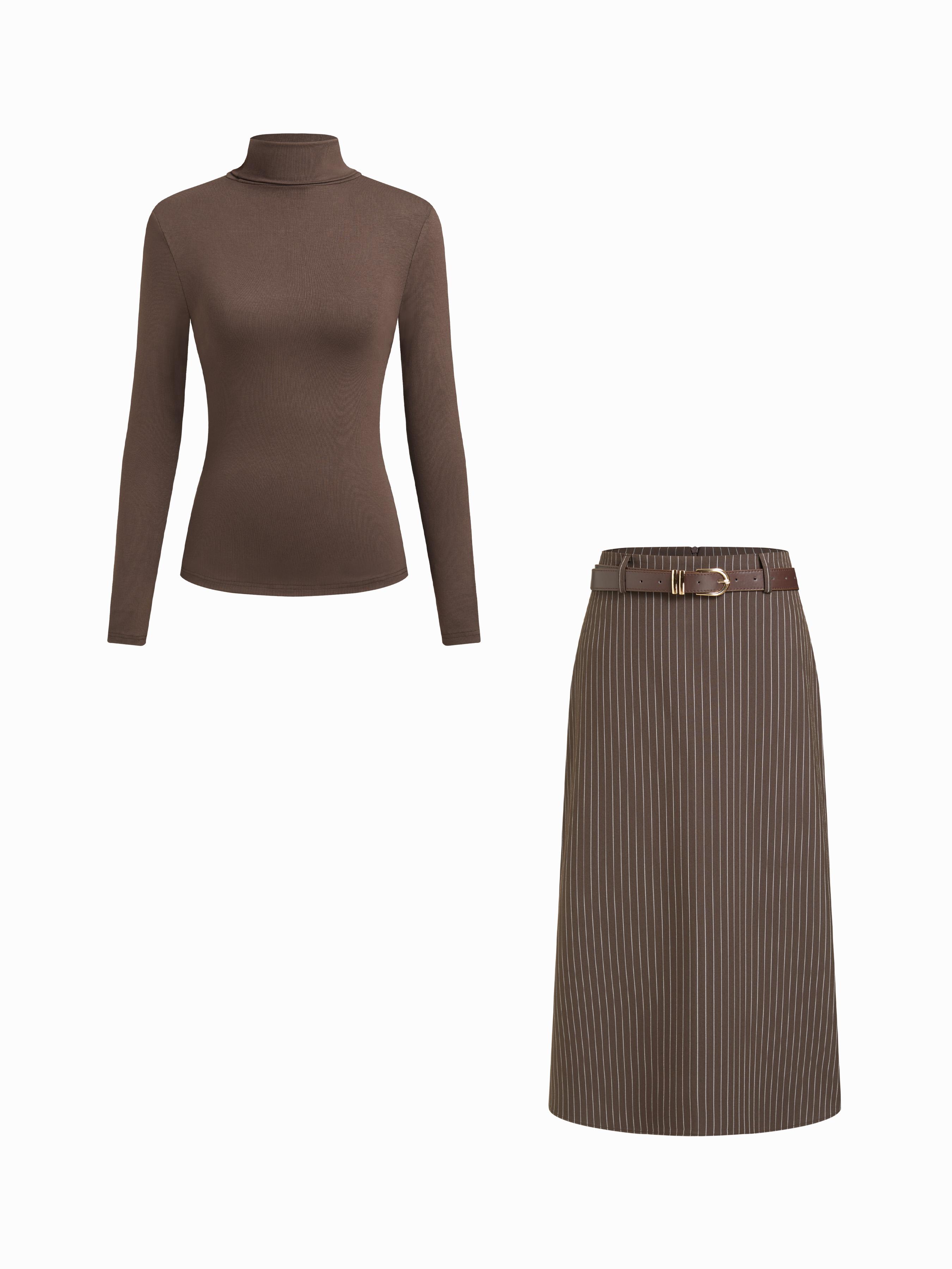 High Neck Top & Striped Pencil Skirt With Belt Set by CIDER High Neck Top & Striped Pencil Skirt With Belt Set by CIDER