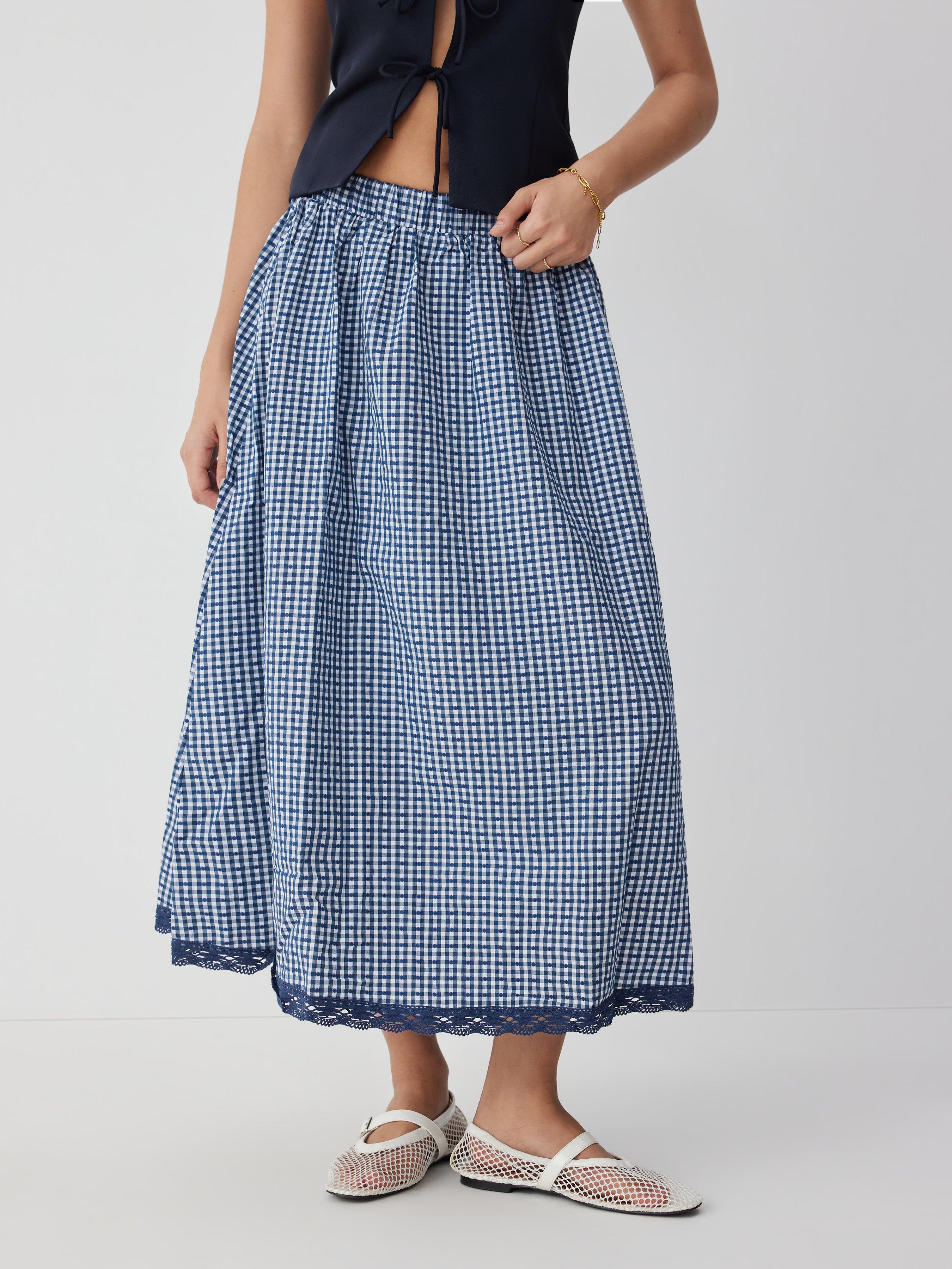 High Rise Gingham Lace Trim A-line Maxi Skirt by CIDER