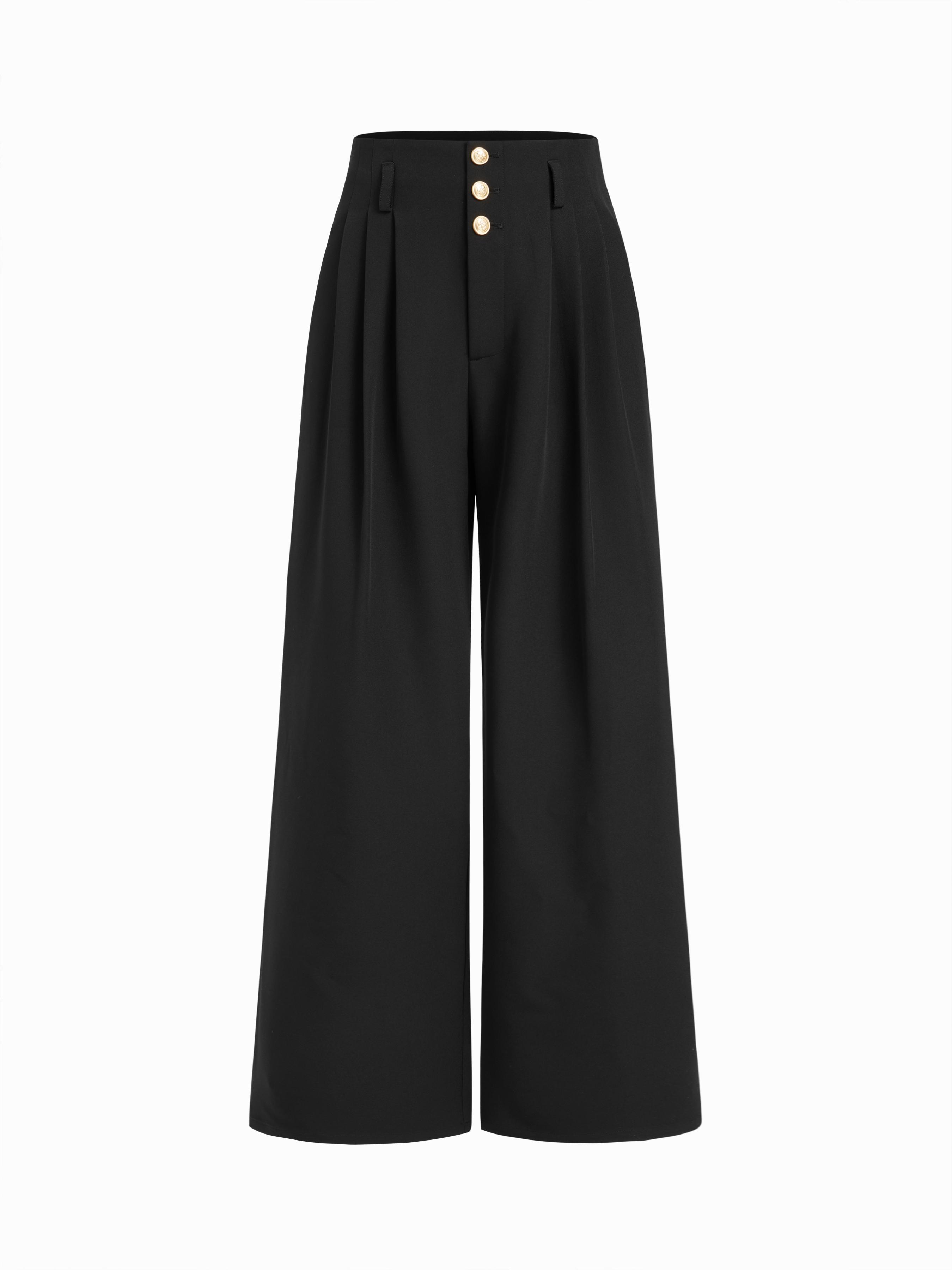 High Rise Pleated Button Wide Leg Trousers by CIDER