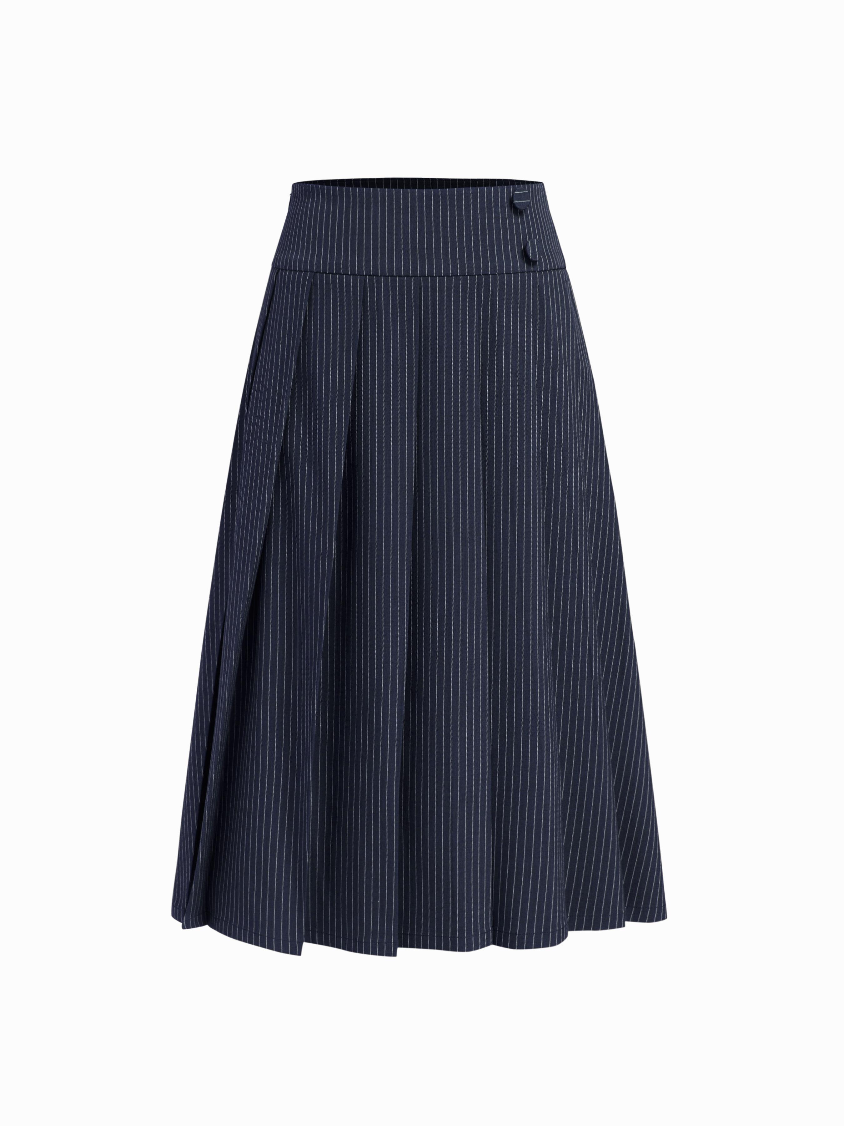 High Rise Striped Pleated Zipper Midi Skirt by CIDER