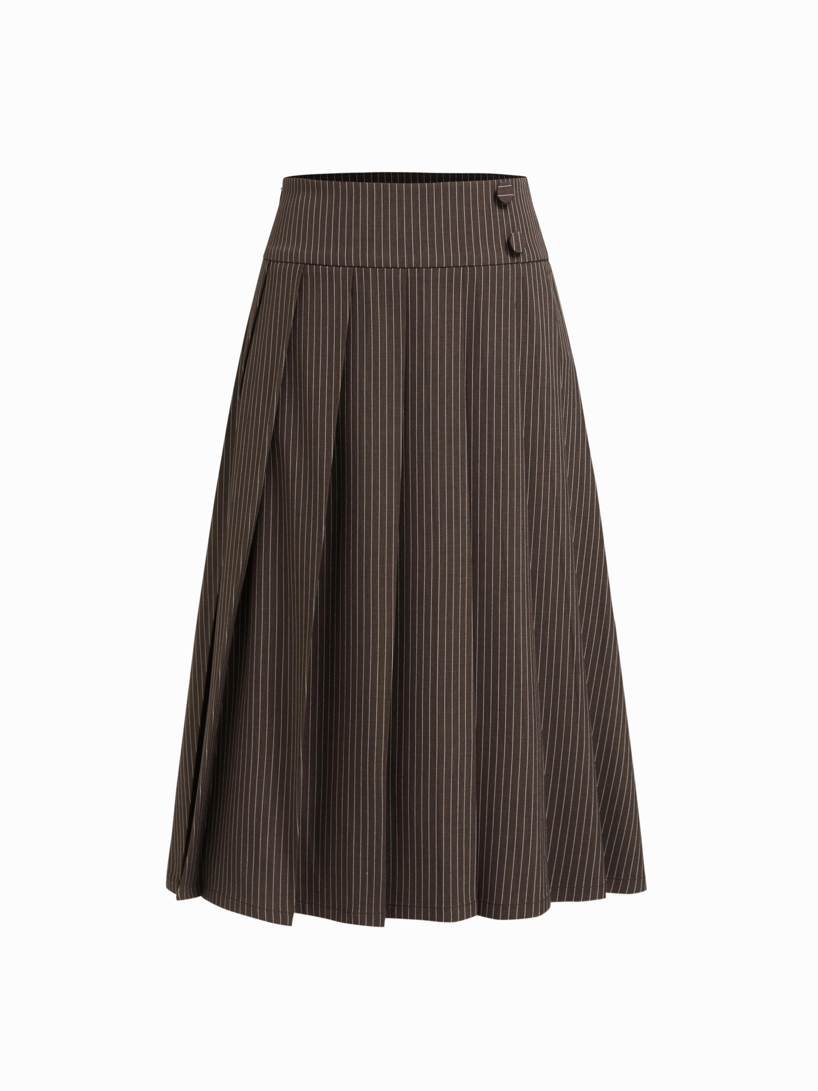 High Rise Striped Pleated Zipper Midi Skirt by CIDER