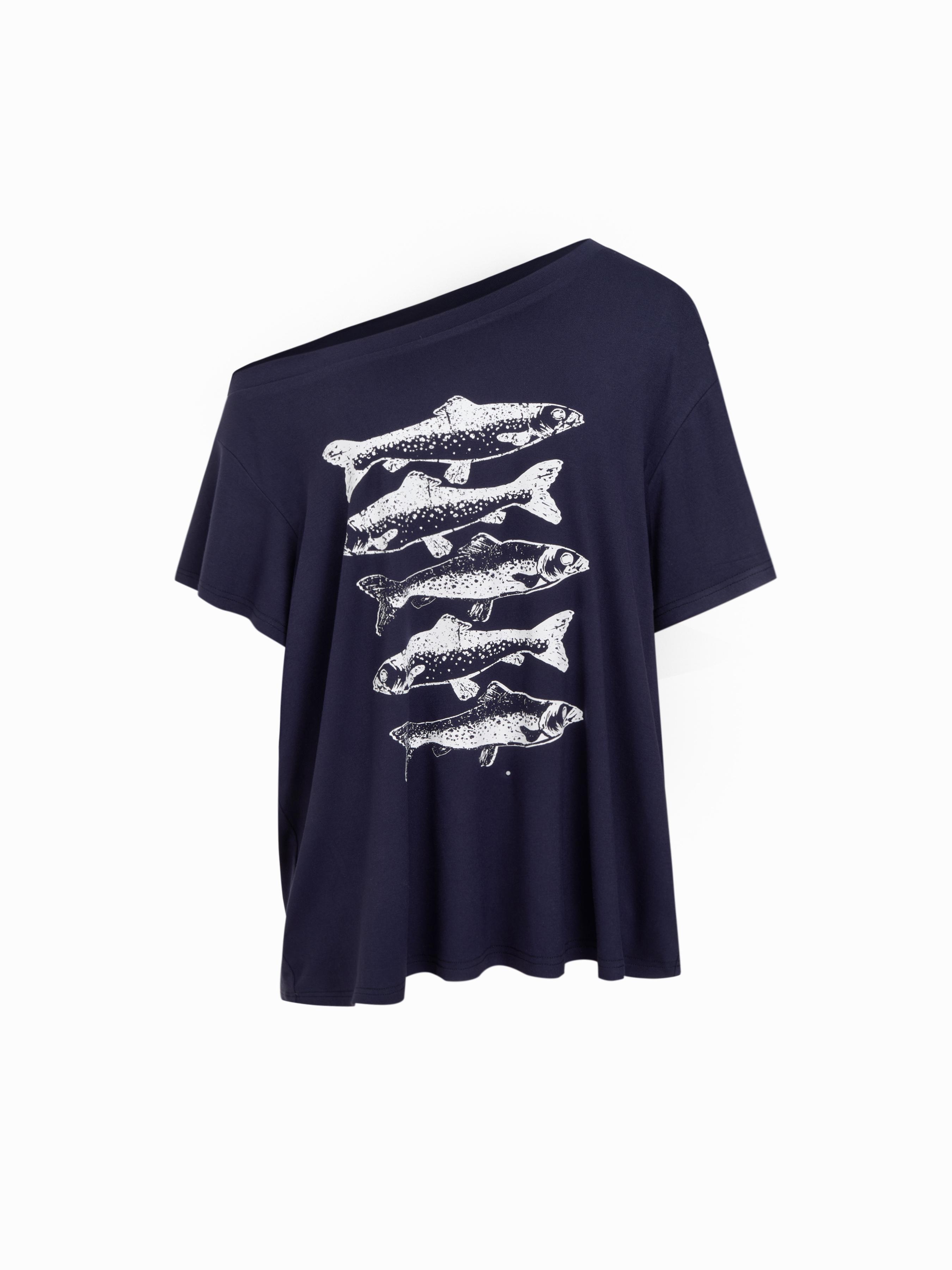 High Stretch Asymmetrical Neck Fish Graphic Oversized Short Sleeve Tee by CIDER