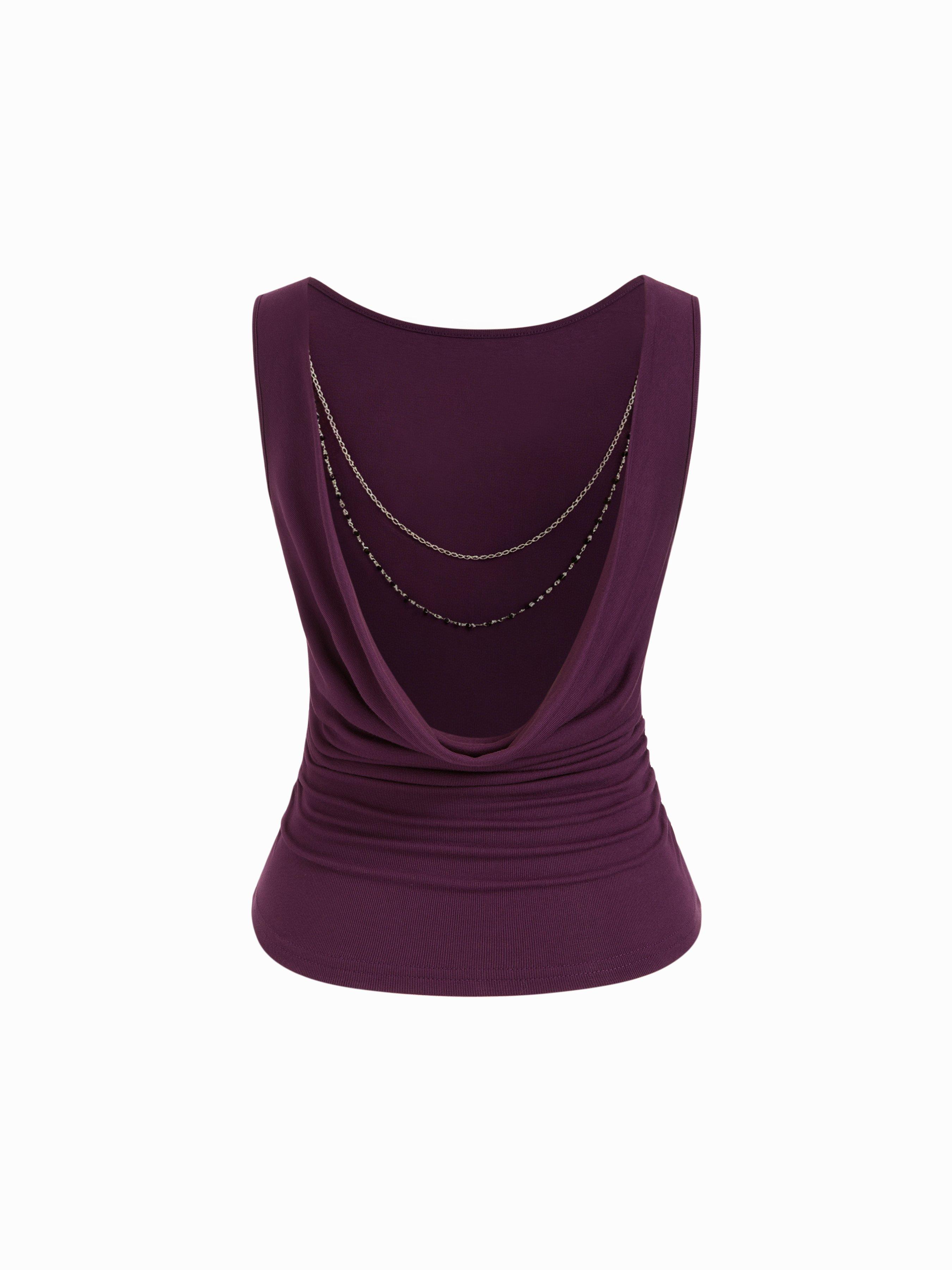 High Stretch Boat Neck Backless Chain Detail Draped Crop Tank Top by CIDER