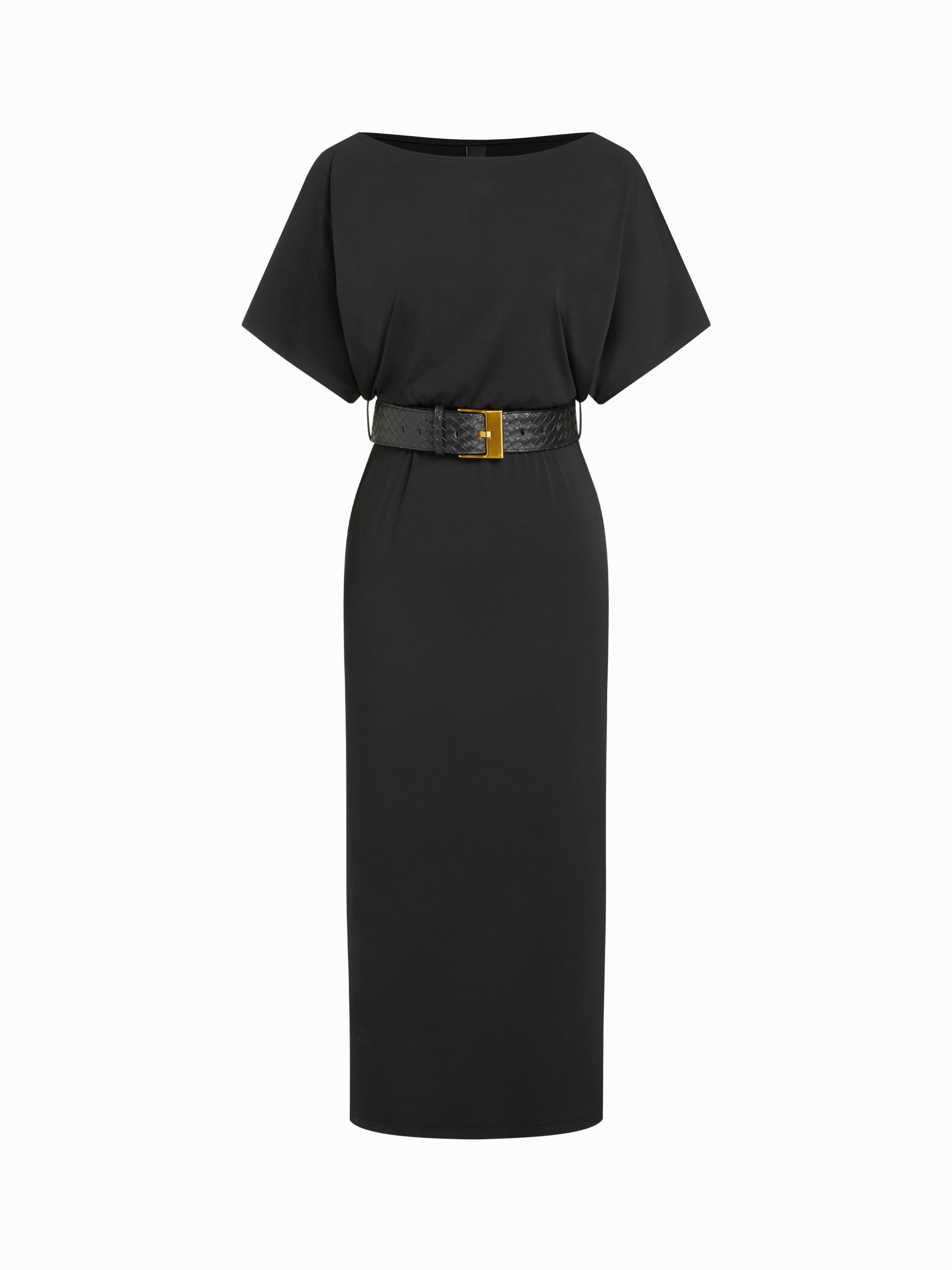 High Stretch Boat Neck Batwing Sleeve Straight Maxi Dress With Belt by CIDER