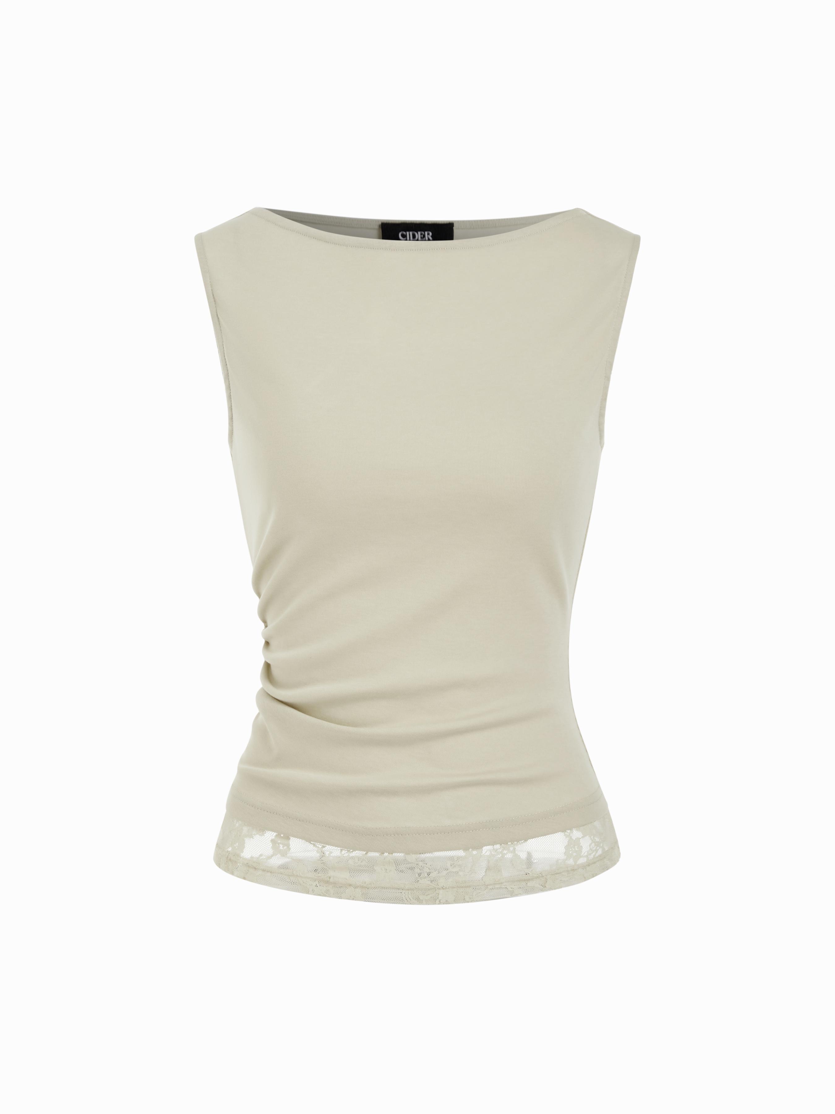 High Stretch Boat Neck Lace Panel Crop Top by CIDER
