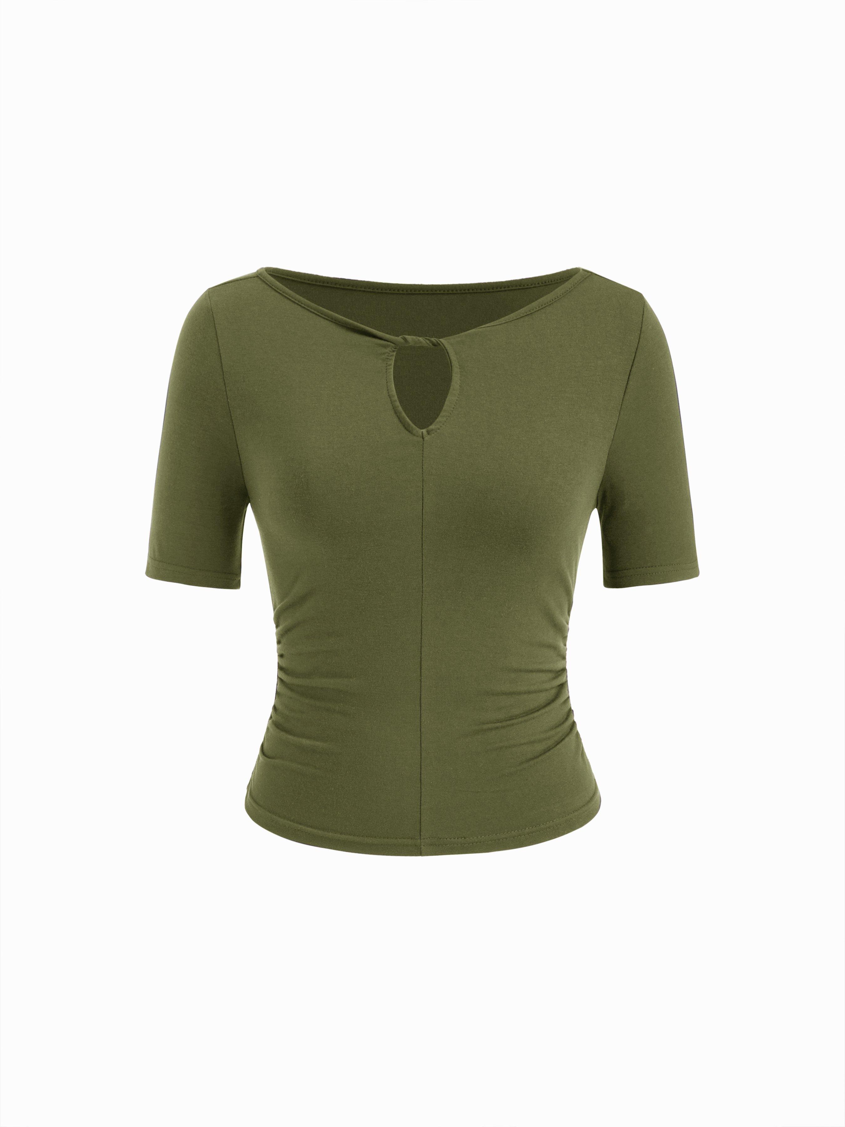 High Stretch Boat Neck Short Sleeve Twist Cut Out Ruched Tee by CIDER