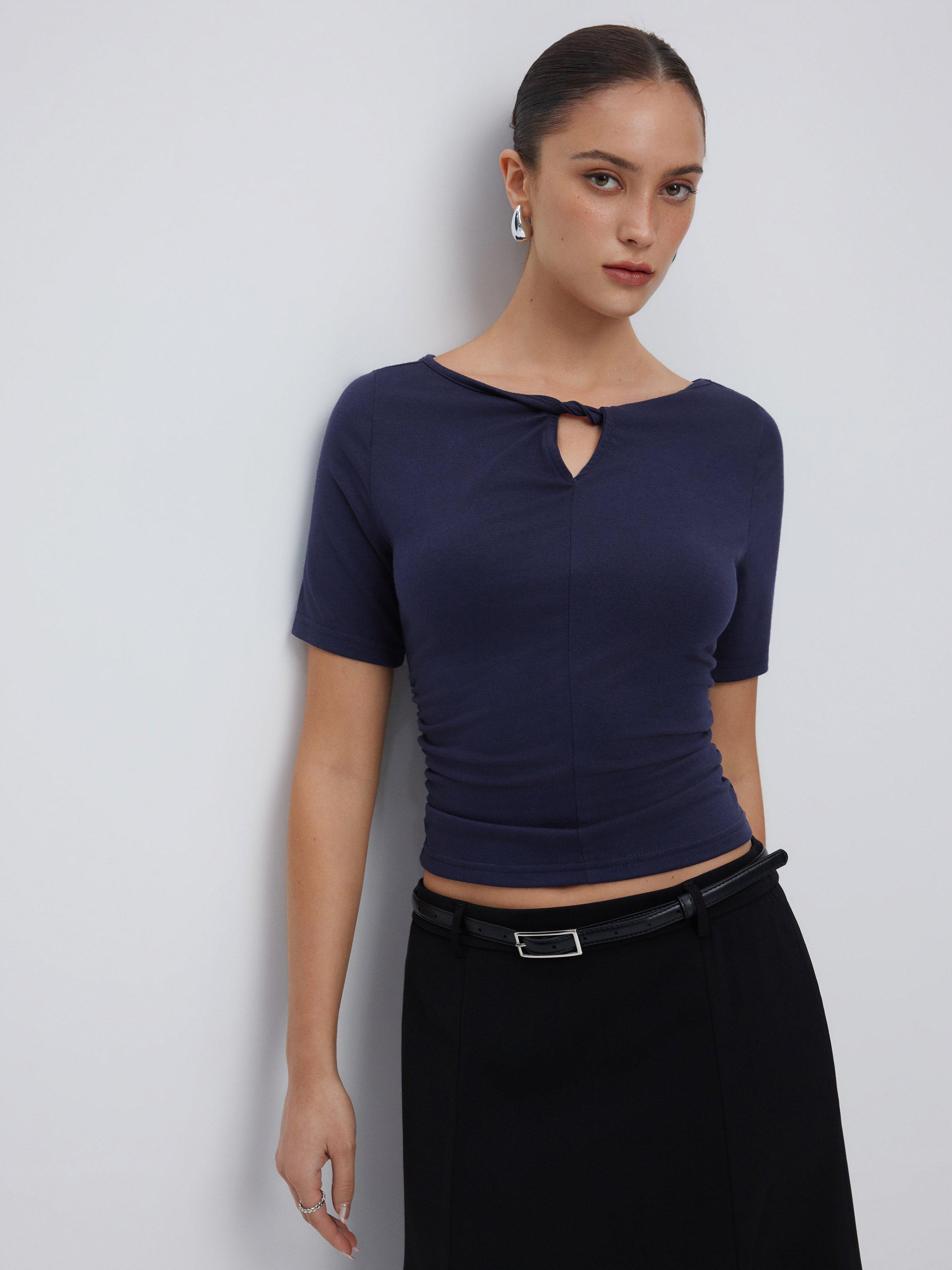 High Stretch Boat Neck Short Sleeve Twist Cut Out Ruched Tee by CIDER