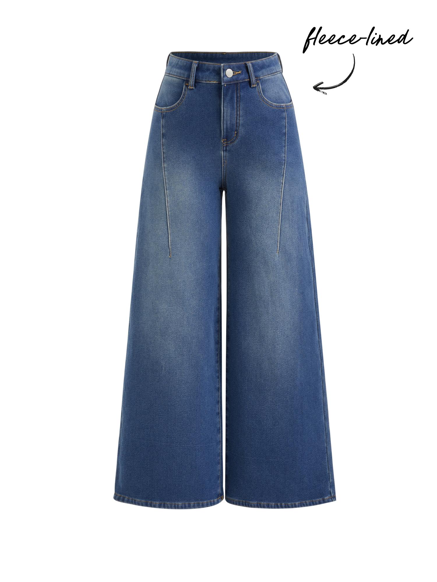 High Stretch Cider Denim Fleece-lined High Rise Wide Leg Jeans by CIDER
