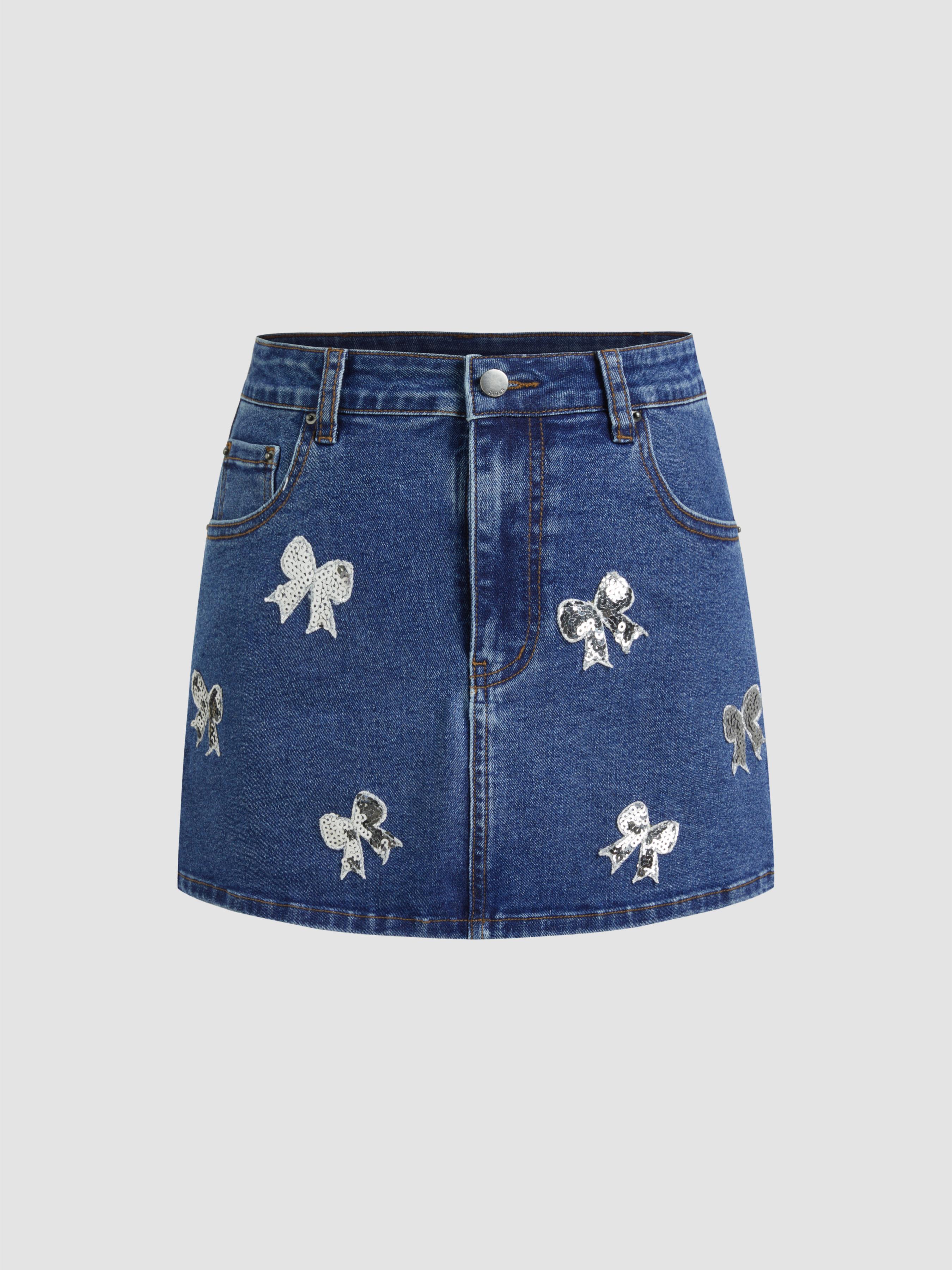 High Stretch Cider Denim Mid Rise Sequin Bowknot Micro Mini Skirt by CIDER