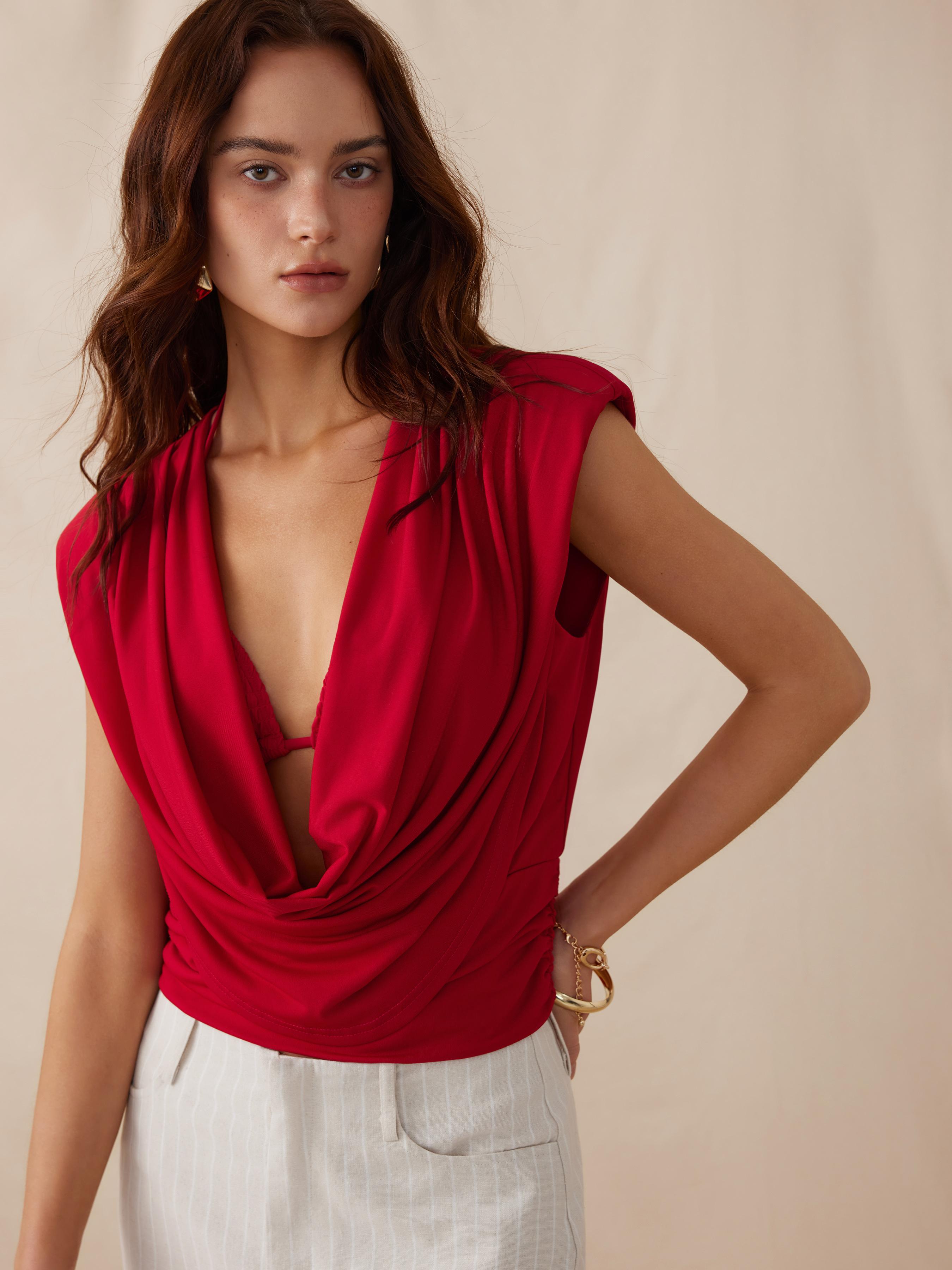 High Stretch Cowl Neck Draped Ruched Crop Top by CIDER
