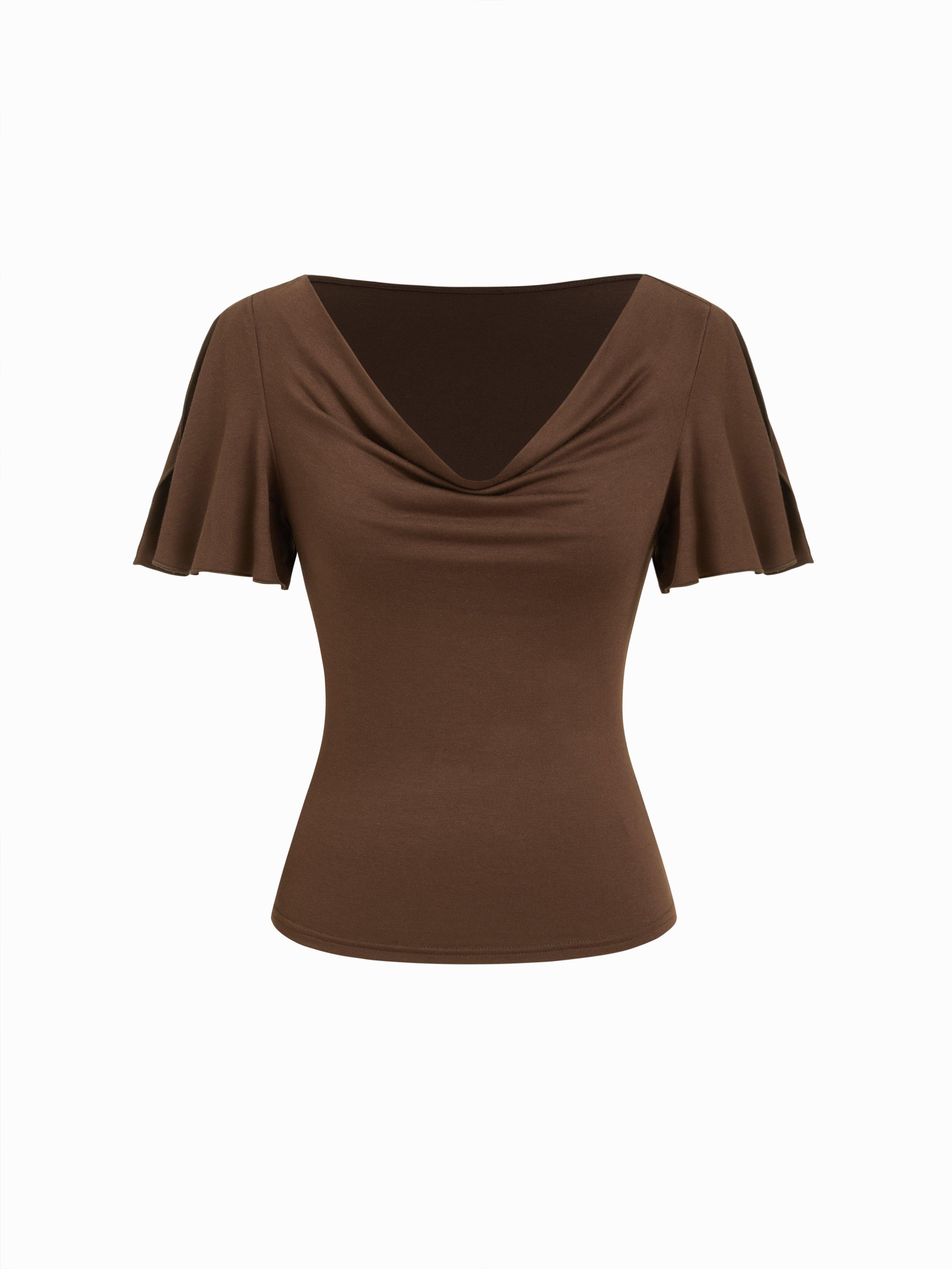 High Stretch Cowl Neck Ruffle Sleeve Tee by CIDER