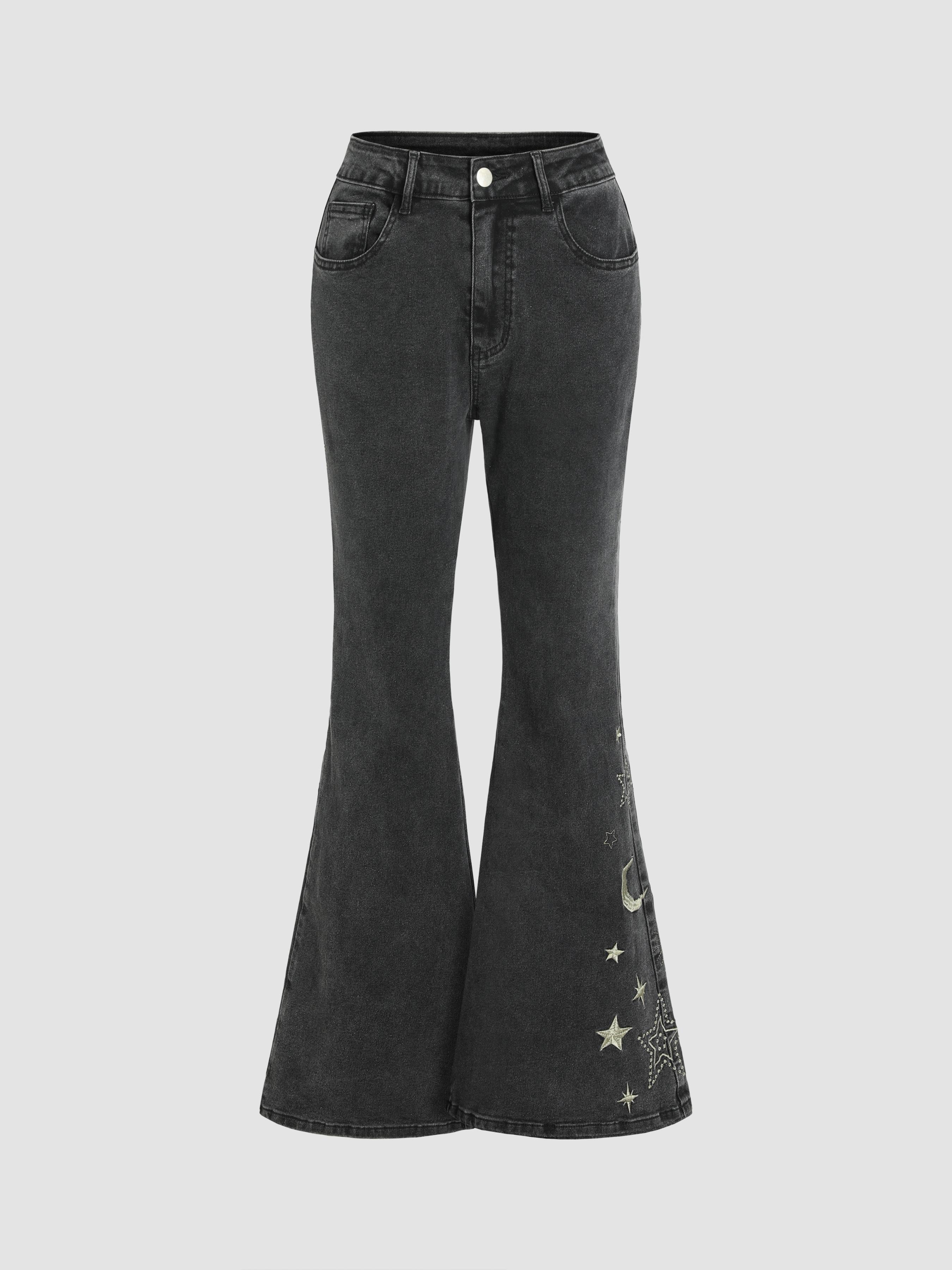 High Stretch Denim High Rise Star Flared Jeans by CIDER