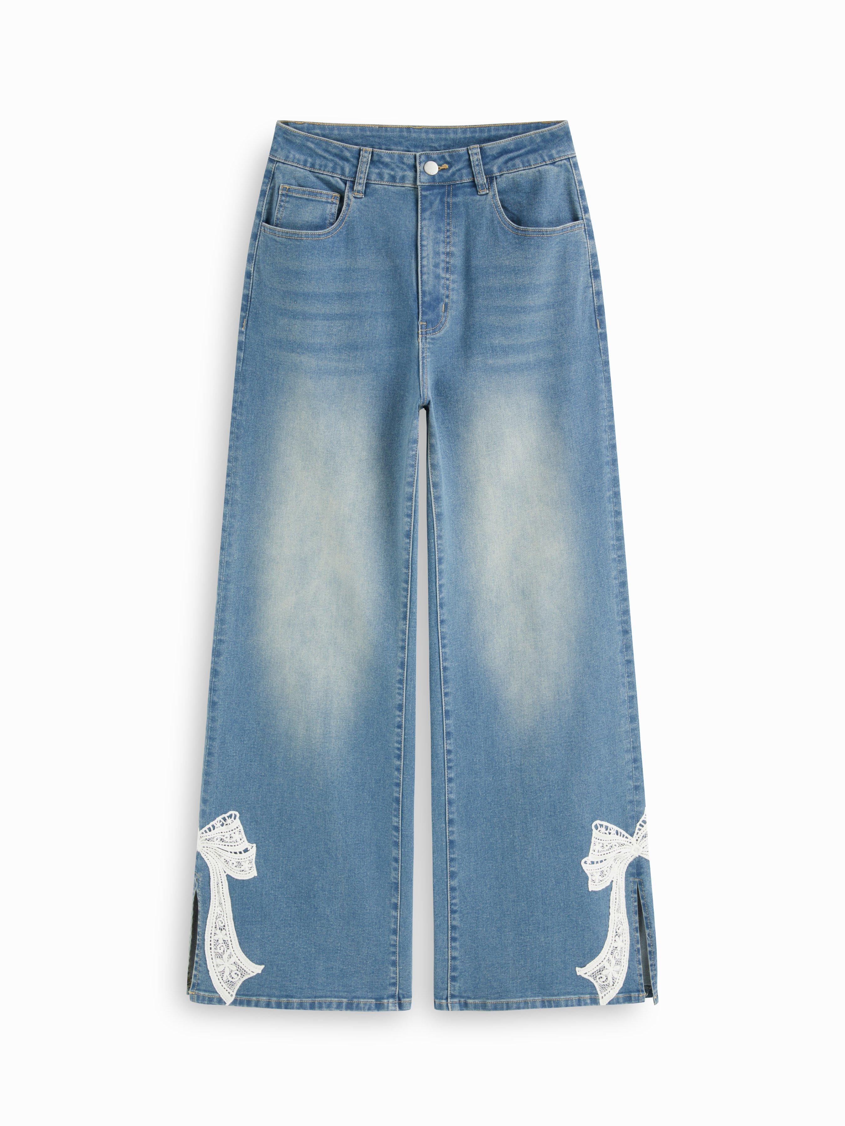 High Stretch Denim Mid Rise Lace Bowknot Wide Leg Jeans by CIDER