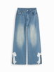 High Stretch Denim Mid Rise Lace Bowknot Wide Leg Jeans by CIDER