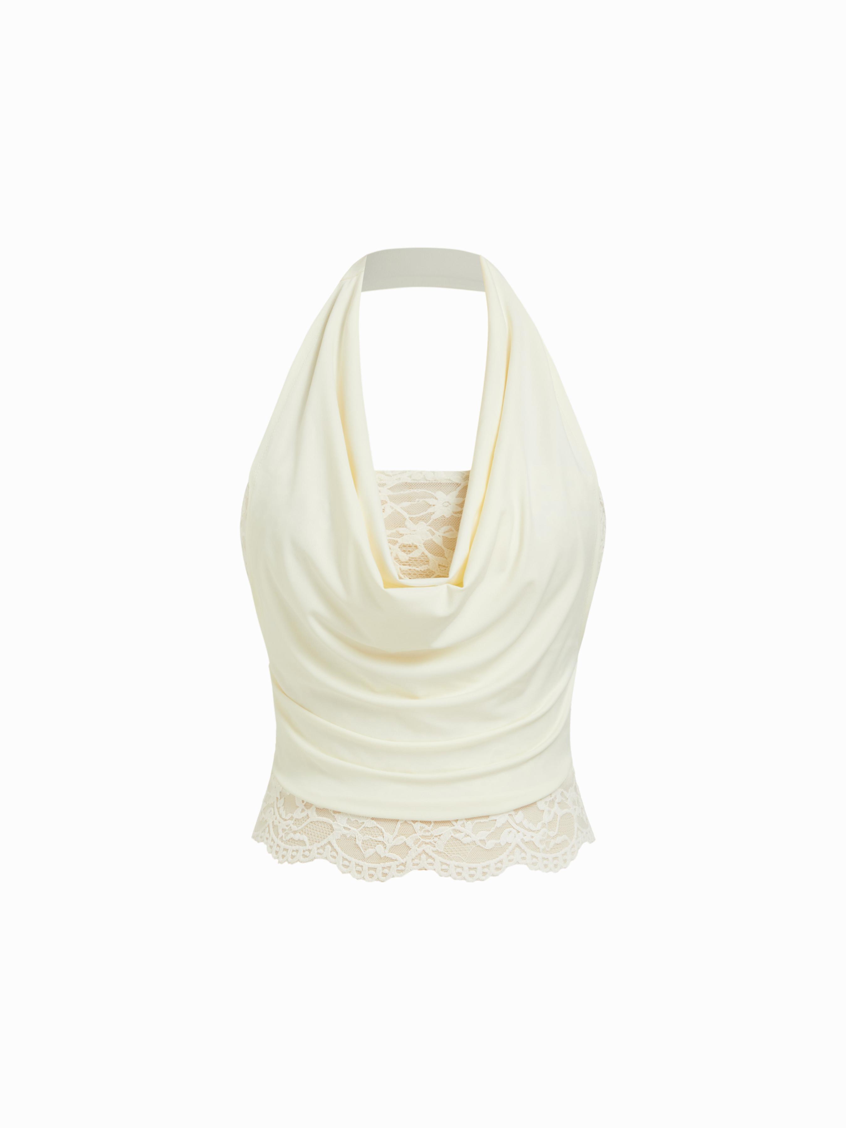 High Stretch Halter Neck Lace Panel Crop Top by CIDER