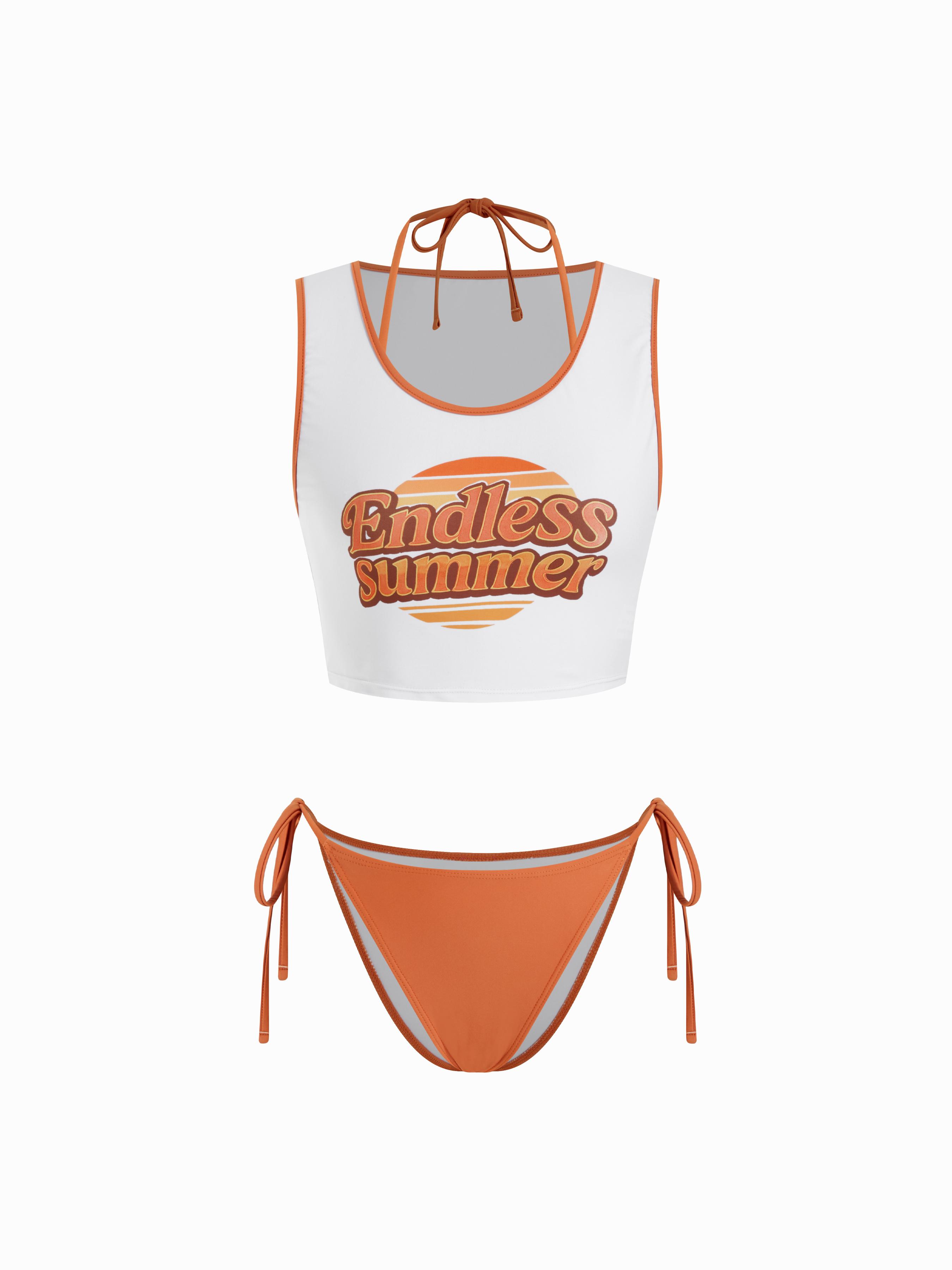 High Stretch Halter Neckline Tie Side Triangle Bikini Set With Letter Graphic Cover Up Top by CIDER